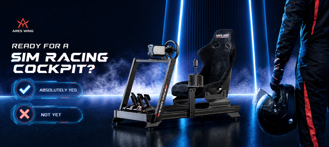 ARESWING sim racing cockpit with Ready to Upgrade and Not Yet options