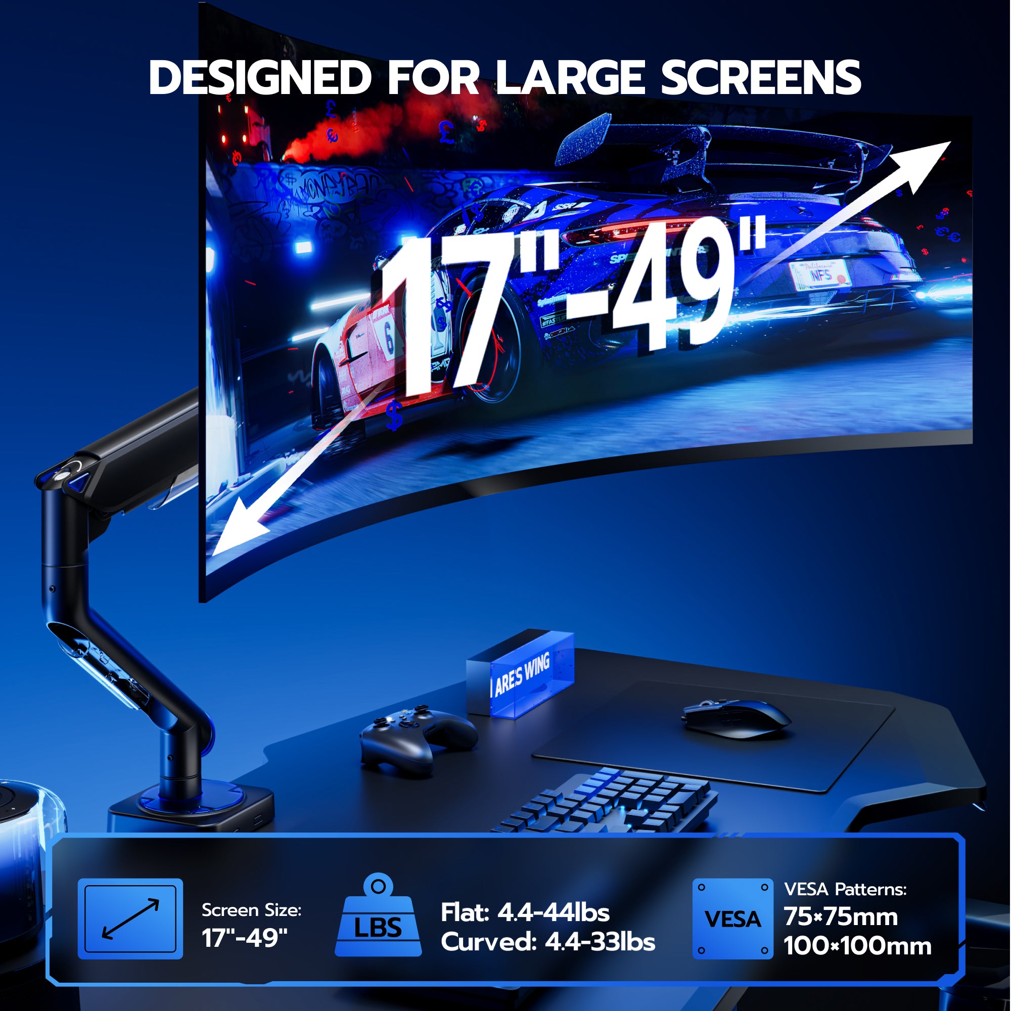 Single Monitor Mount with USB Ports-Black ARES WING
