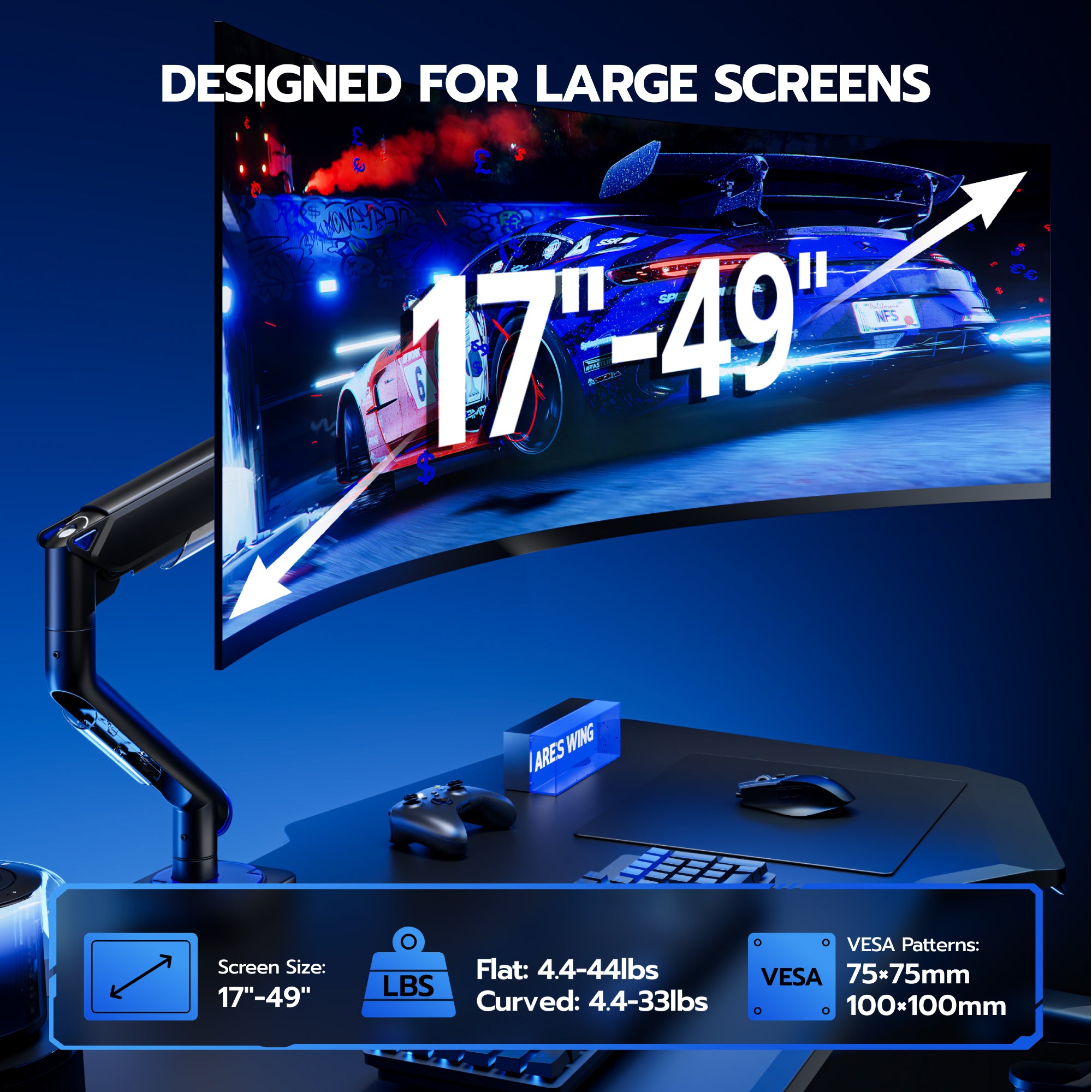 Ultrawide Single Monitor Arm , Black ARES WING