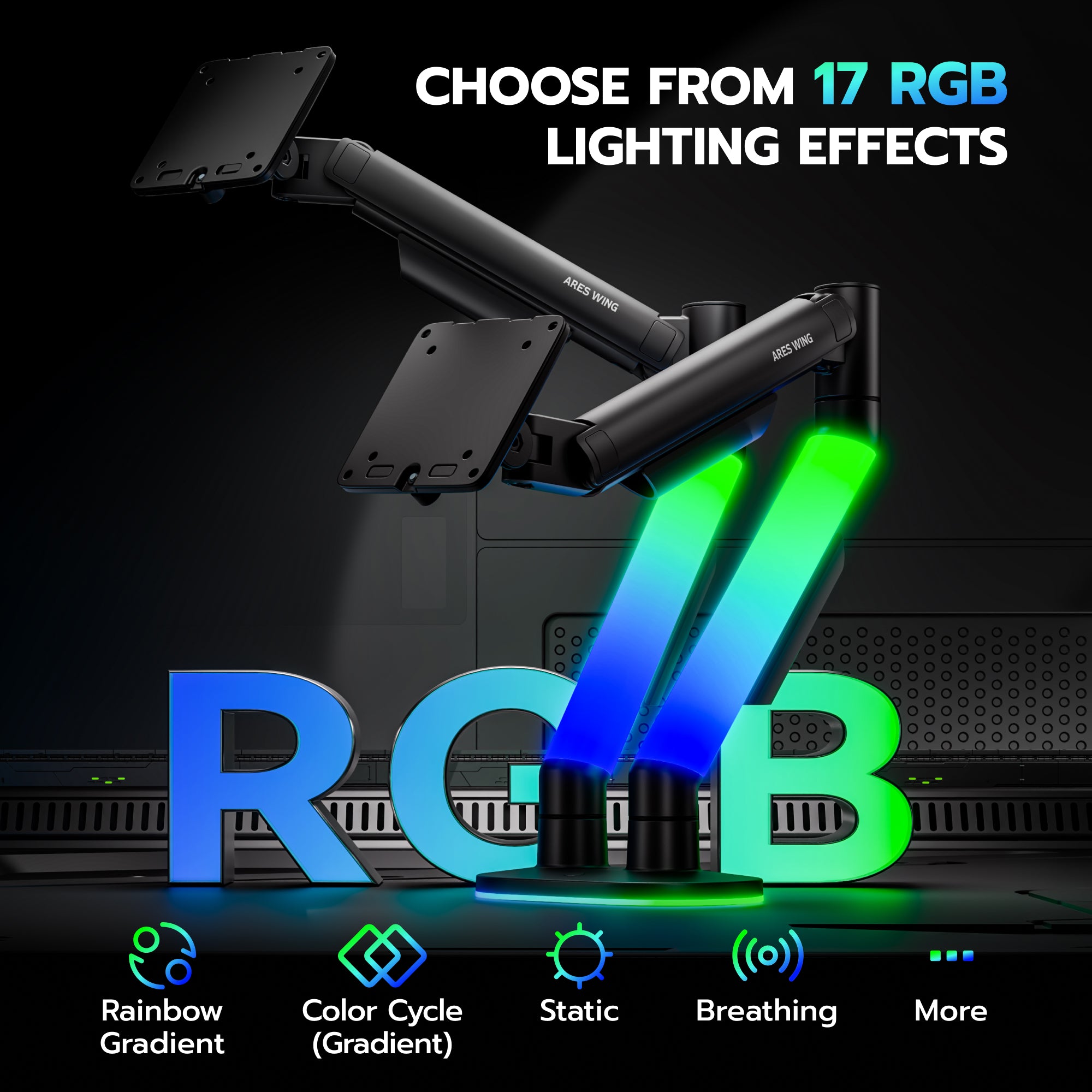 Dual Monitor Arm Desk Mount with RGB, Black ARES WING