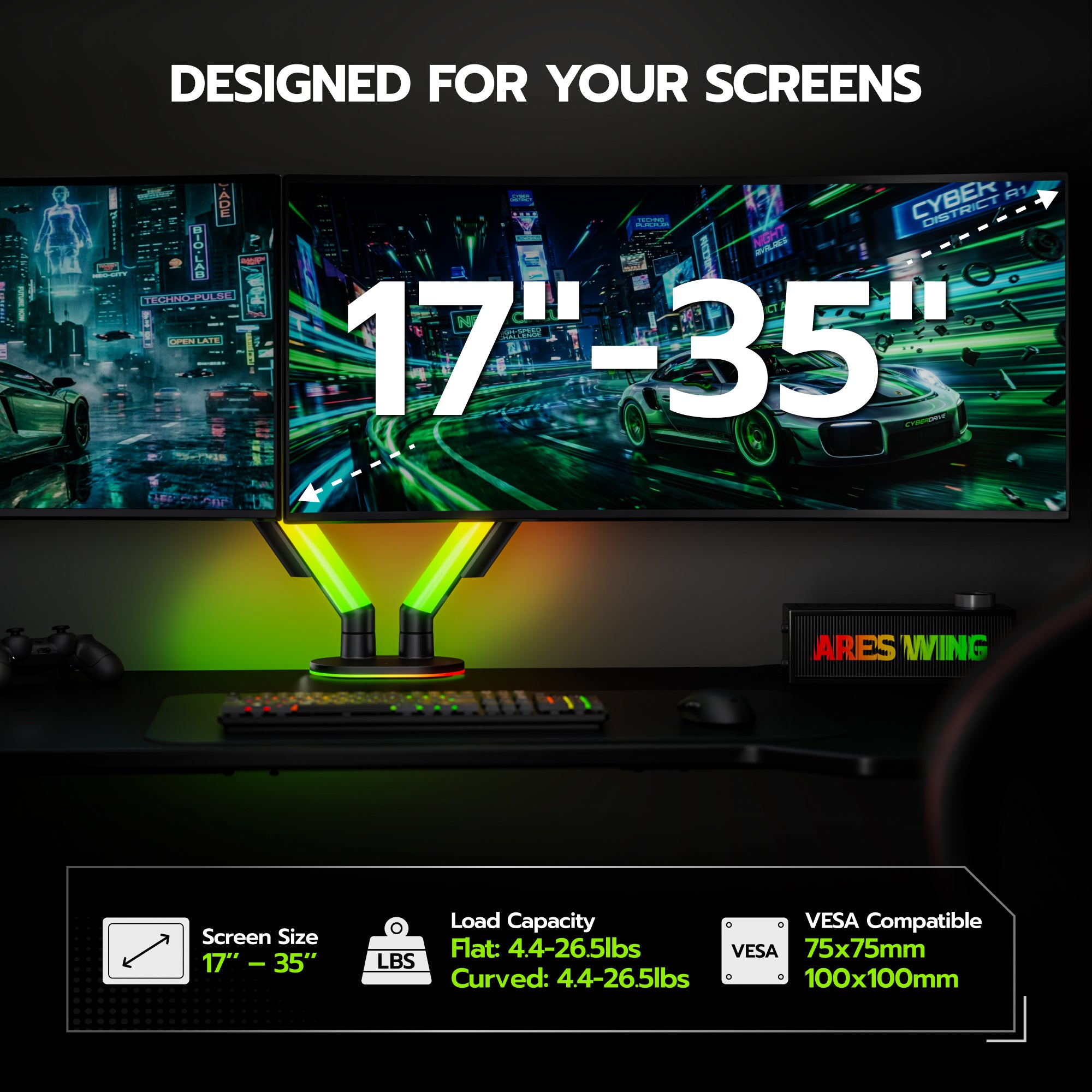 Dual Monitor Arm Desk Mount with RGB, Black ARES WING