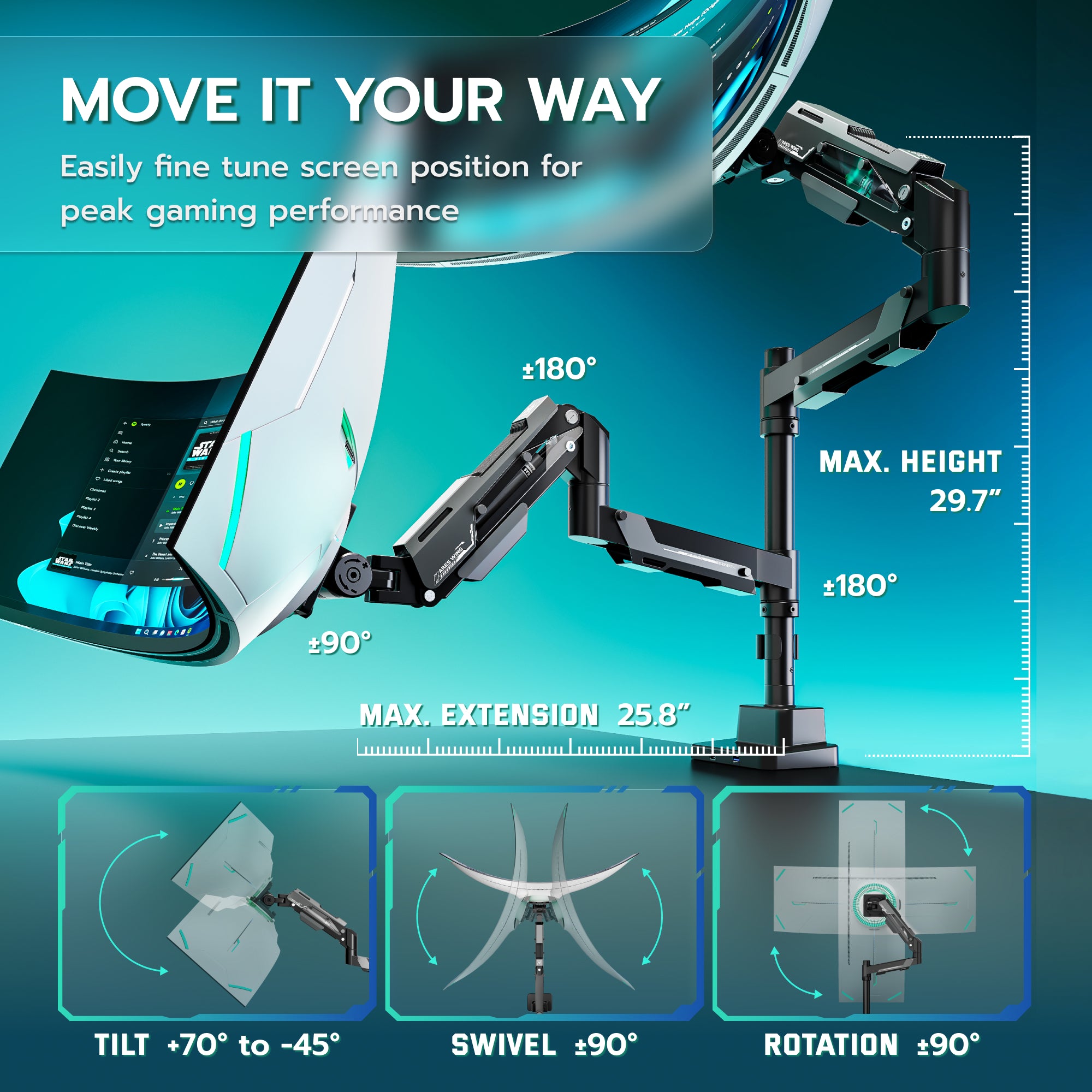 Heavy Duty Gas Spring Dual Monitor Mount ARES WING