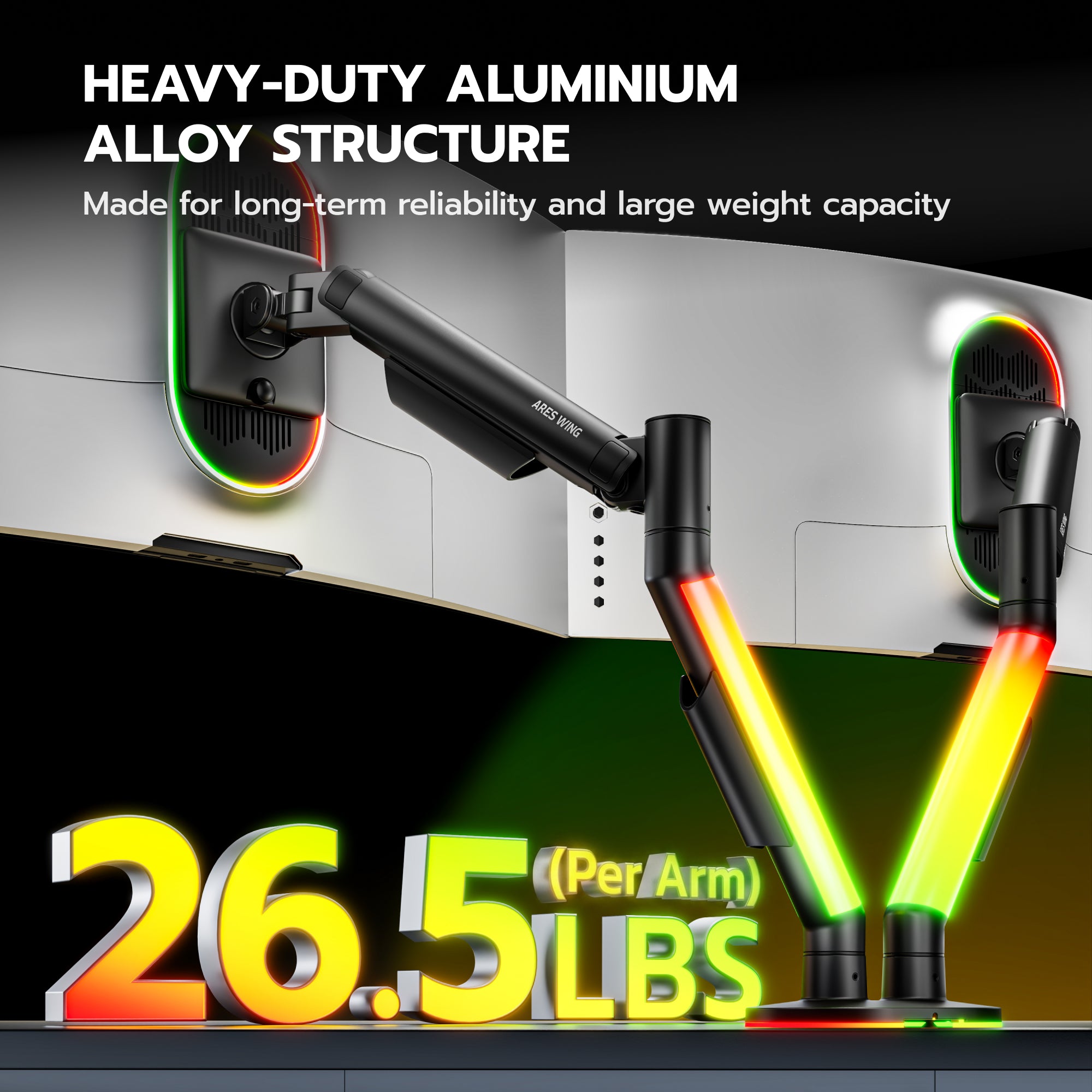 Dual Monitor Arm Desk Mount with RGB, Black ARES WING