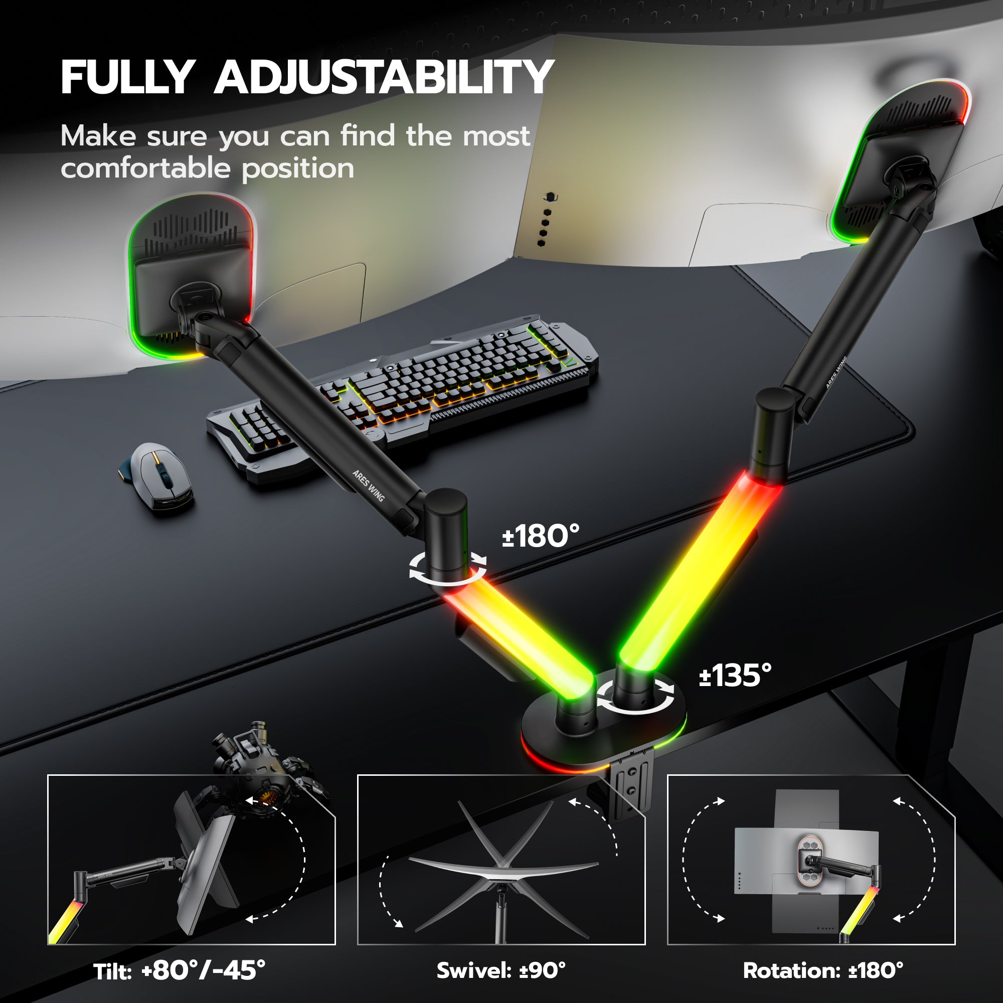Dual Monitor Arm Desk Mount with RGB, Black ARES WING