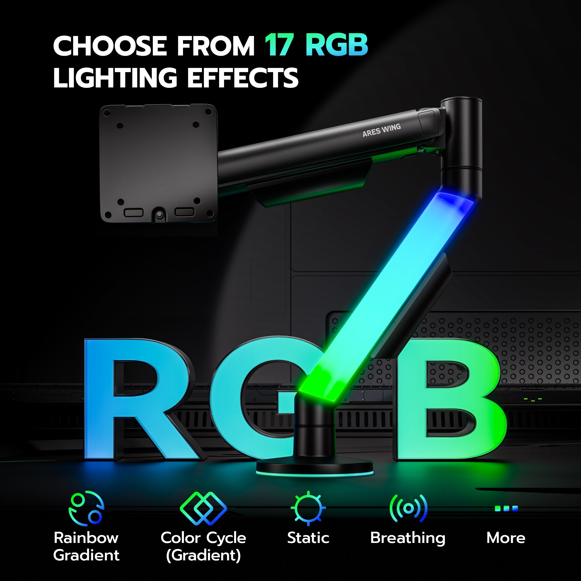 Single Monitor Arm Desk Mount with RGB, Black ARES WING