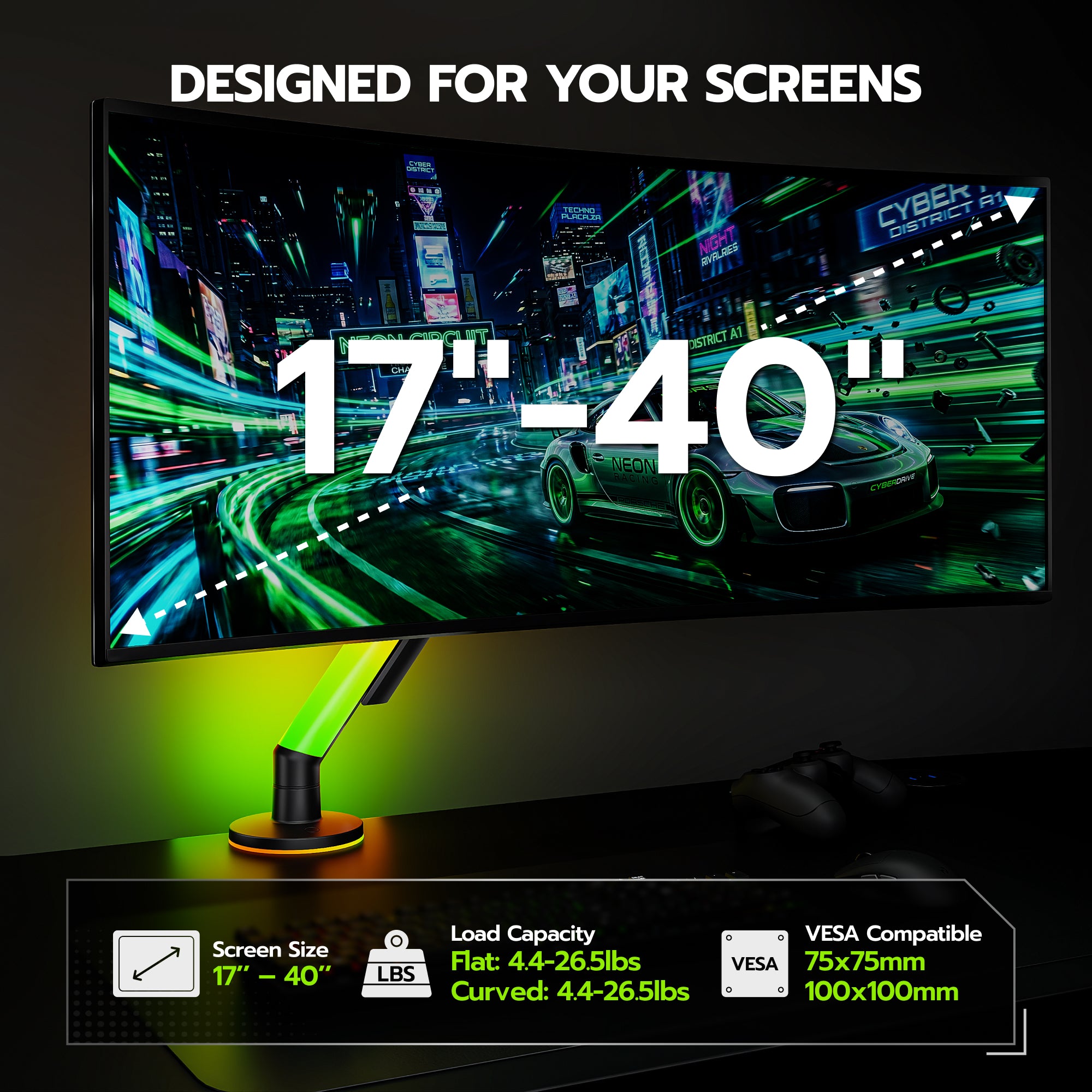 Single Monitor Arm Desk Mount with RGB, Black ARES WING