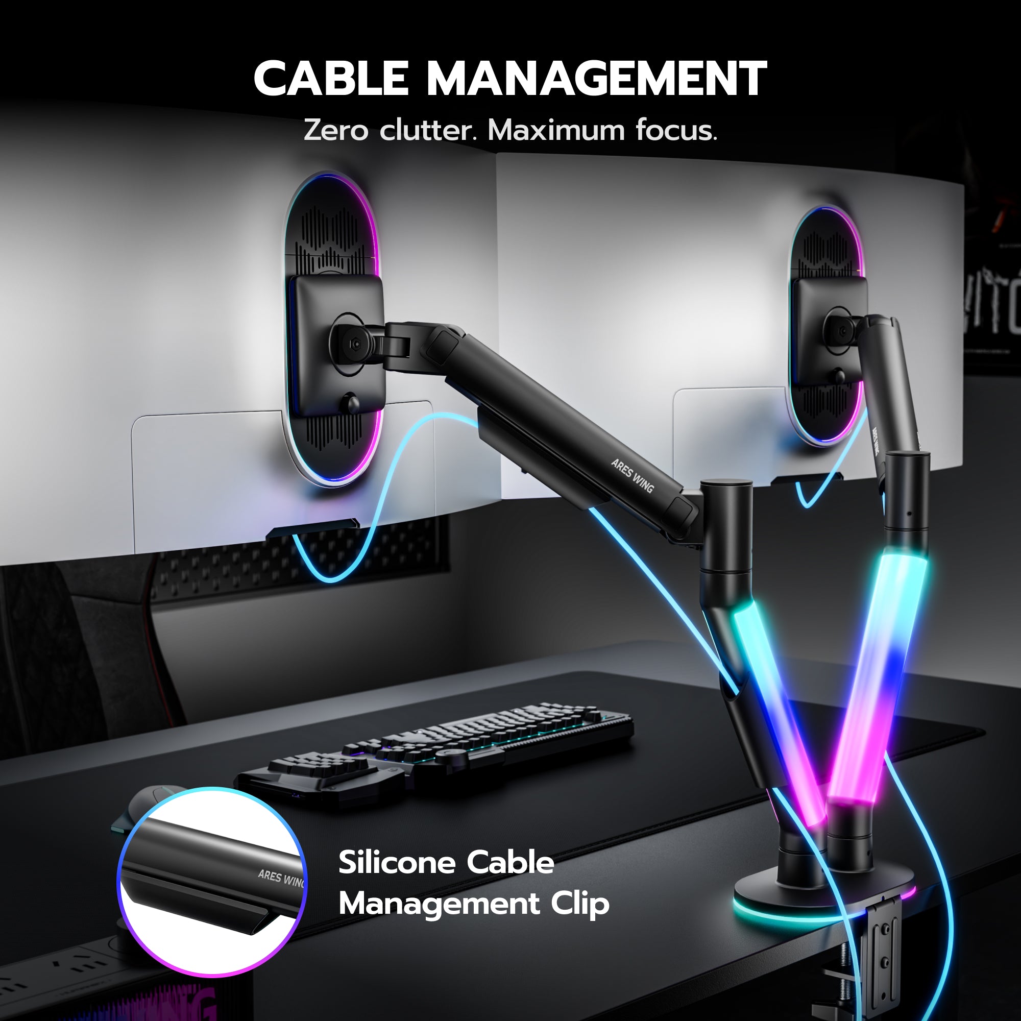 Dual Monitor Arm Desk Mount with RGB, Black ARES WING