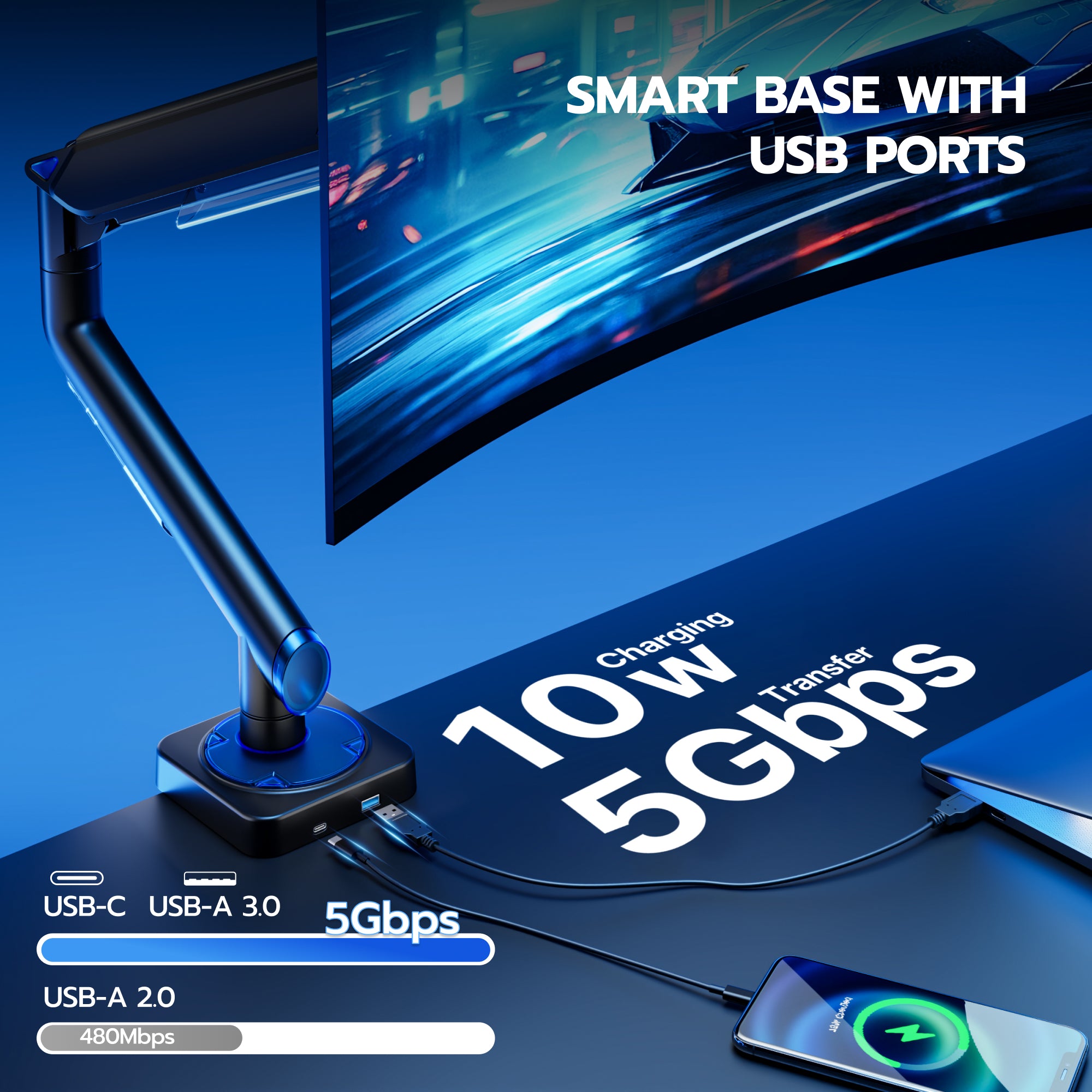 Single Monitor Mount with USB Ports-Black ARES WING