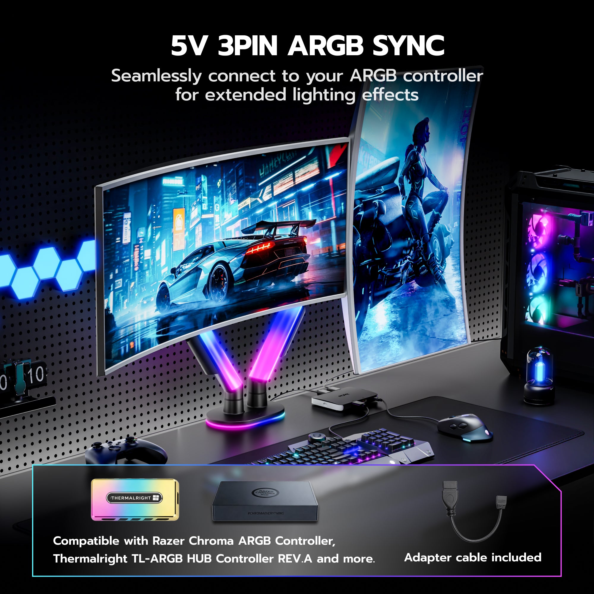Dual Monitor Arm Desk Mount with RGB, Black ARES WING