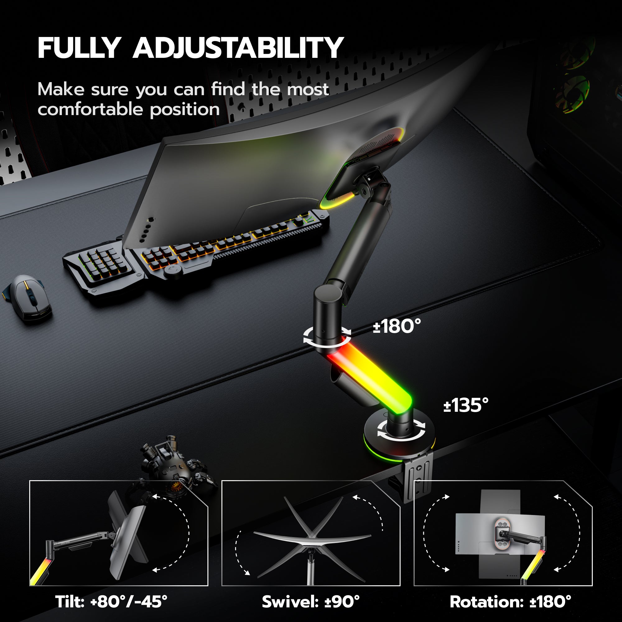 Single Monitor Arm Desk Mount with RGB, Black ARES WING
