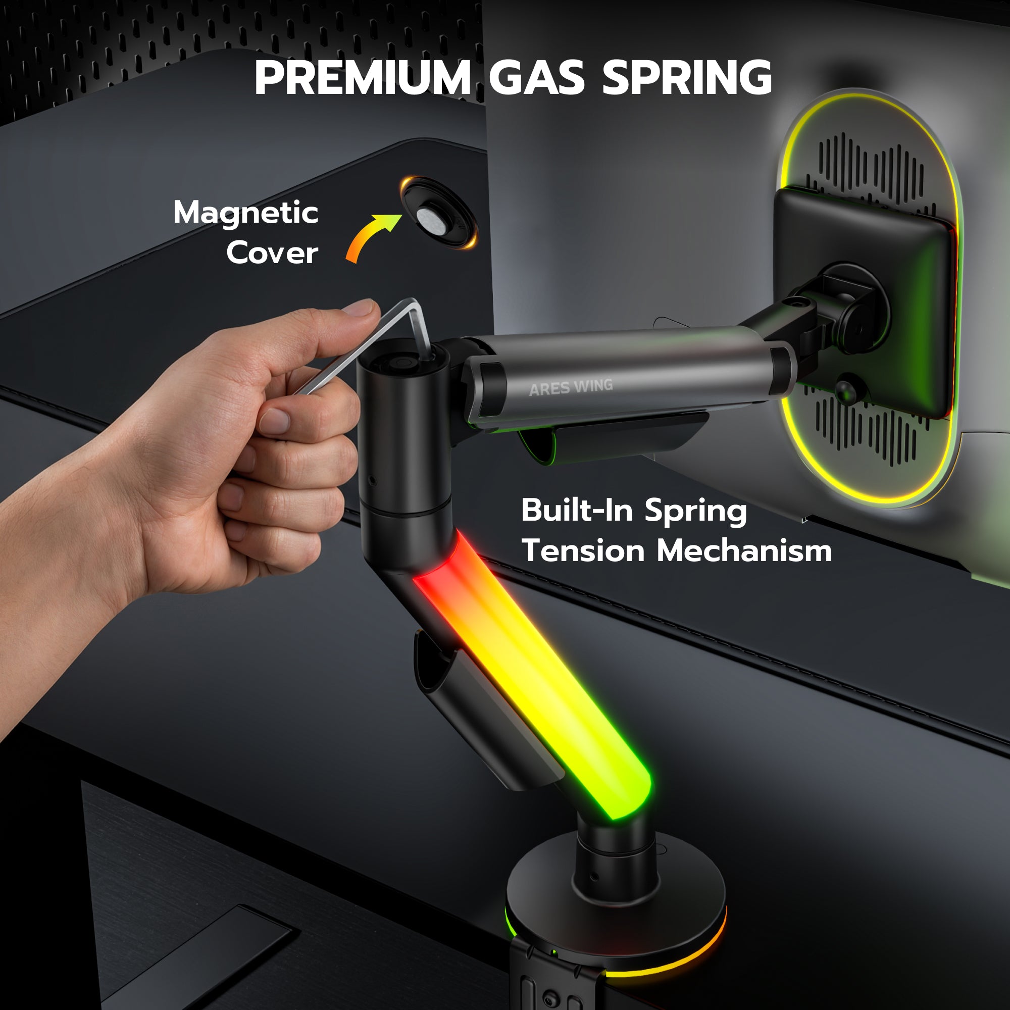 Single Monitor Arm Desk Mount with RGB, Grey ARES WING