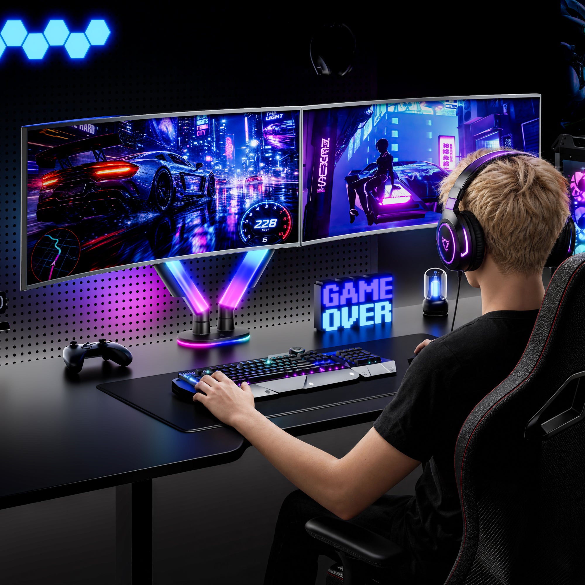 Dual Monitor Arm Desk Mount with RGB, Black ARES WING