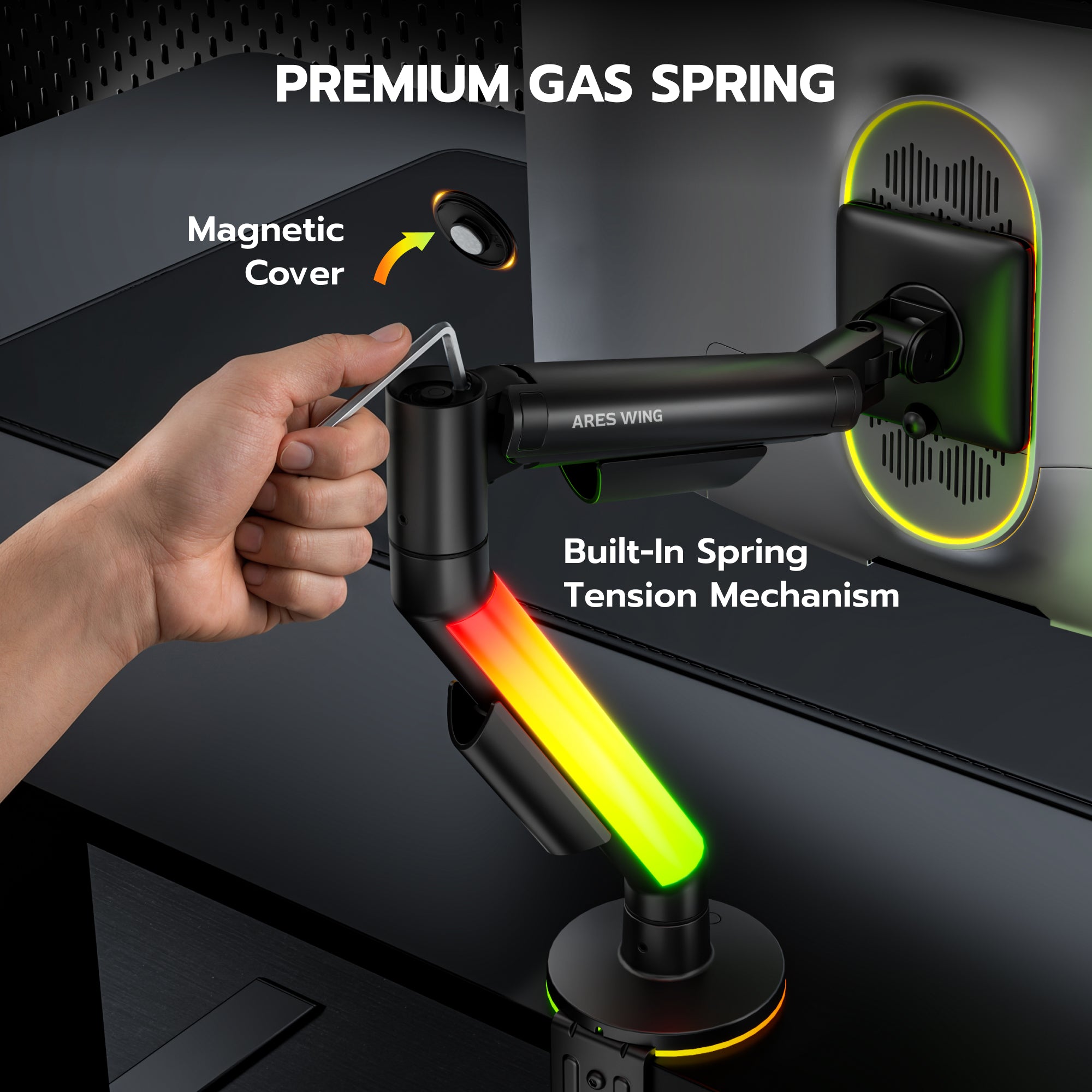 Single Monitor Arm Desk Mount with RGB, Black ARES WING