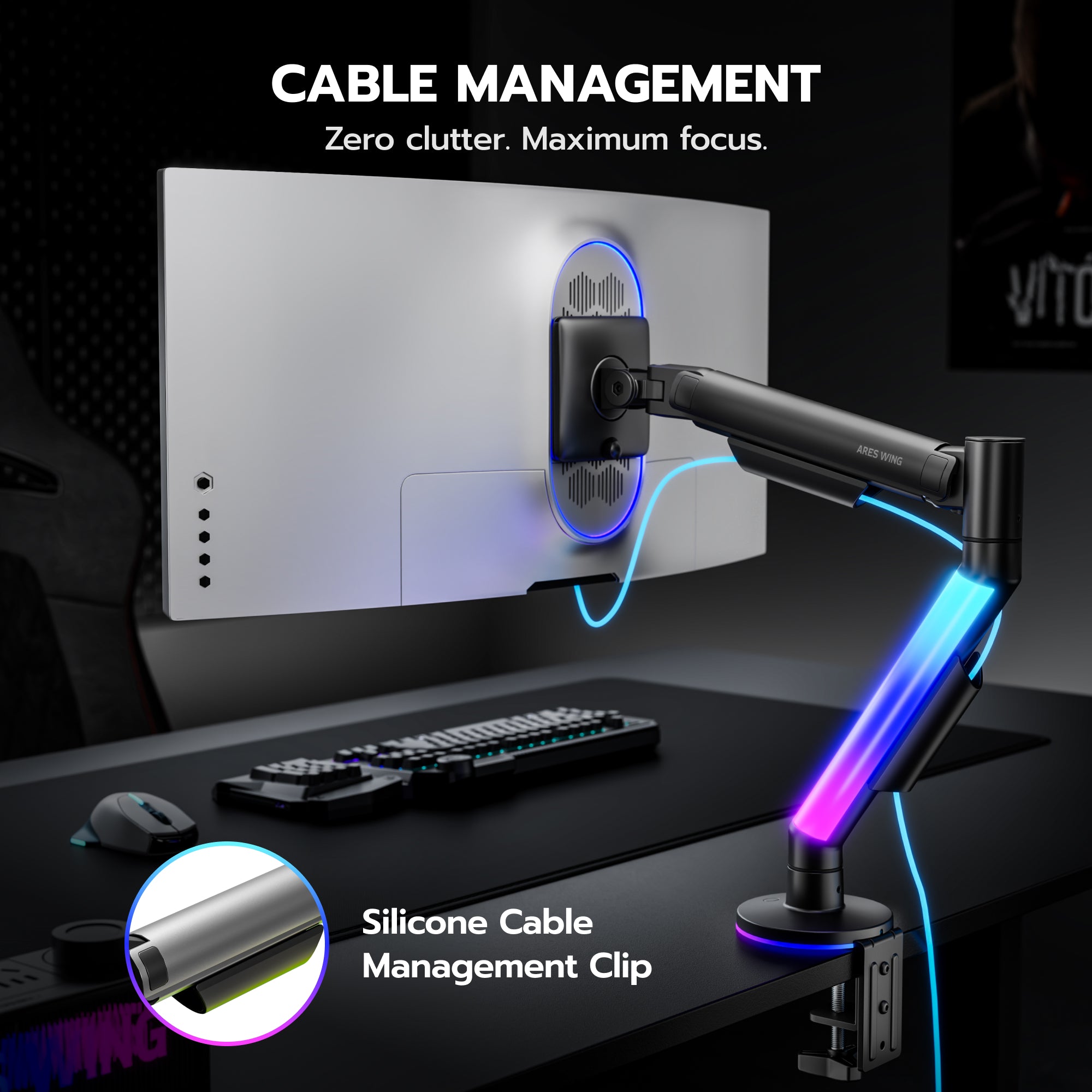 Single Monitor Arm Desk Mount with RGB, Black ARES WING