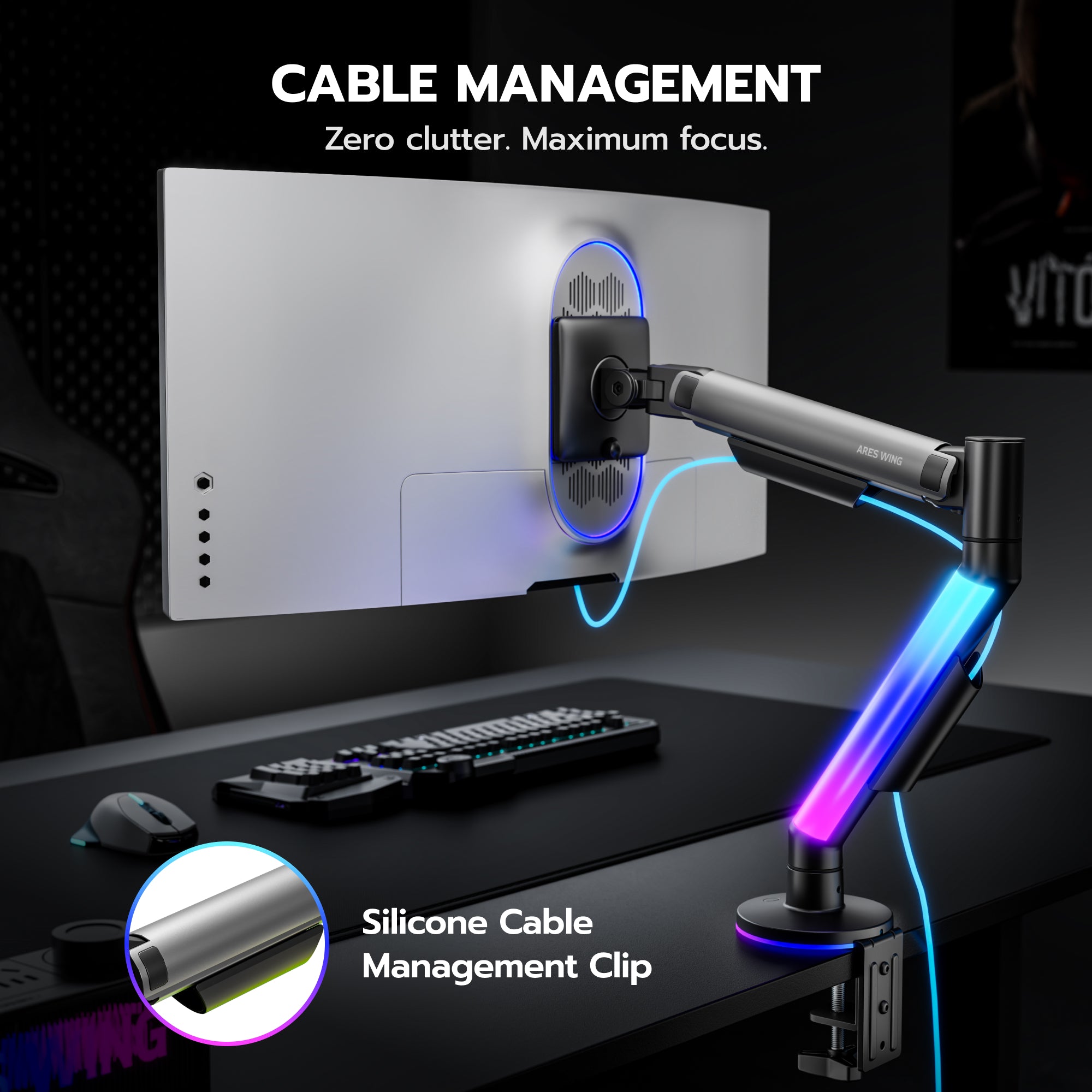 Single Monitor Arm Desk Mount with RGB, Grey ARES WING