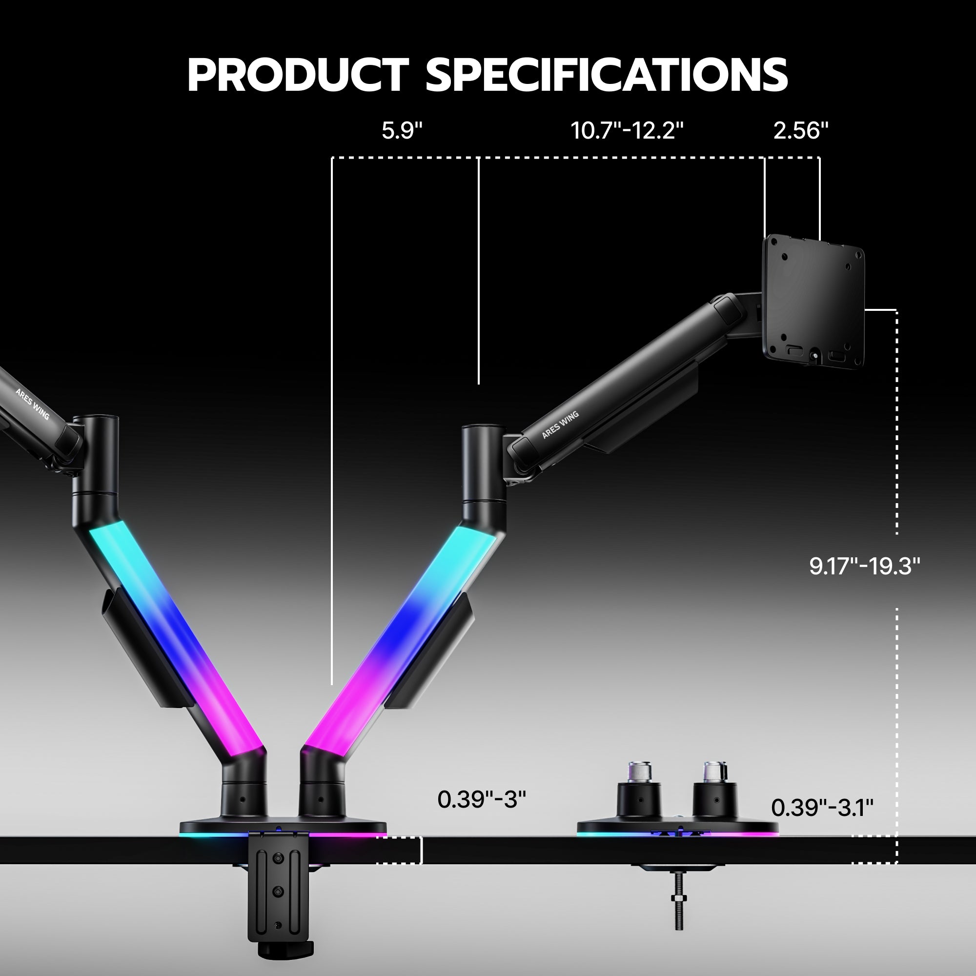 Dual Monitor Arm Desk Mount with RGB, Black ARES WING