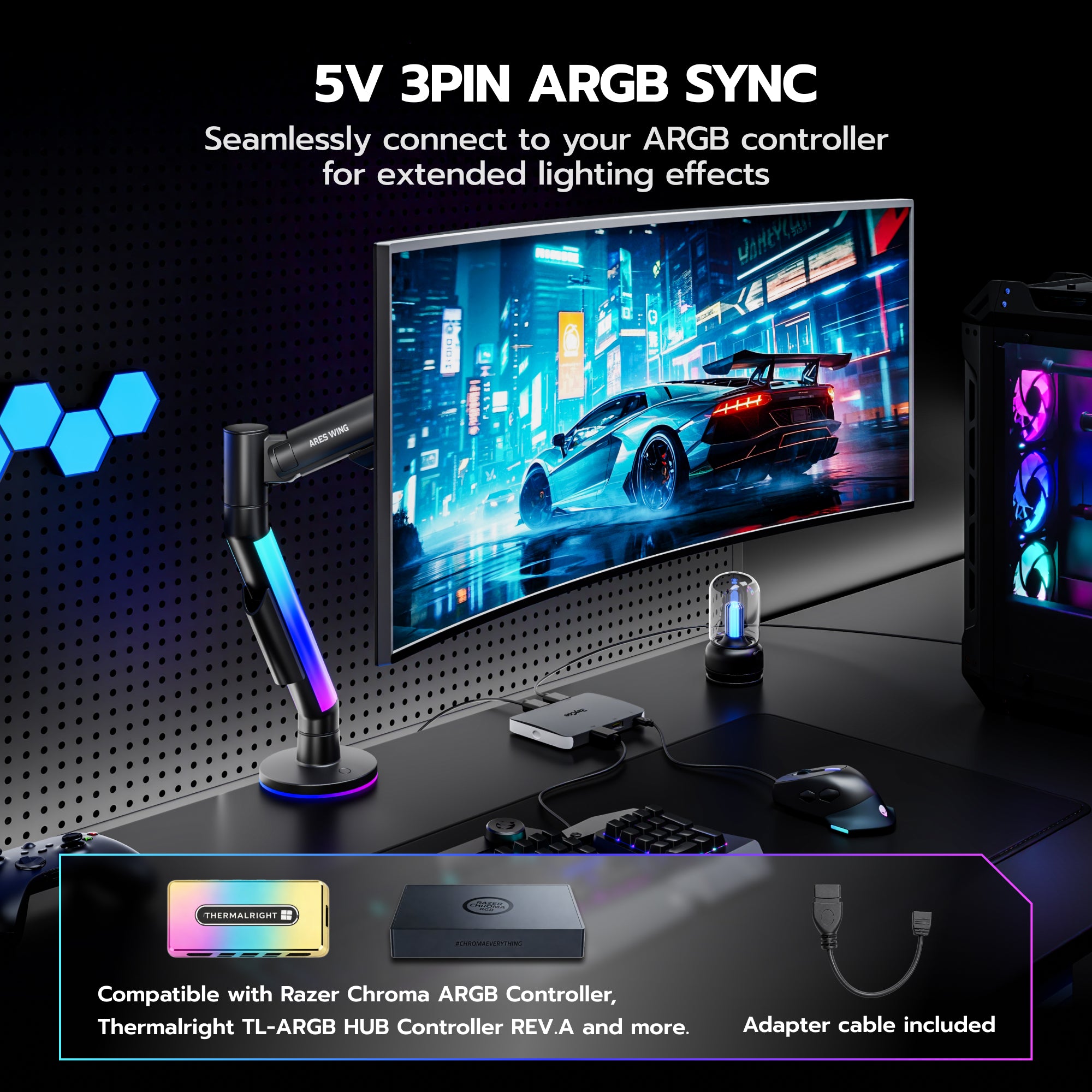 Single Monitor Arm Desk Mount with RGB, Black ARES WING