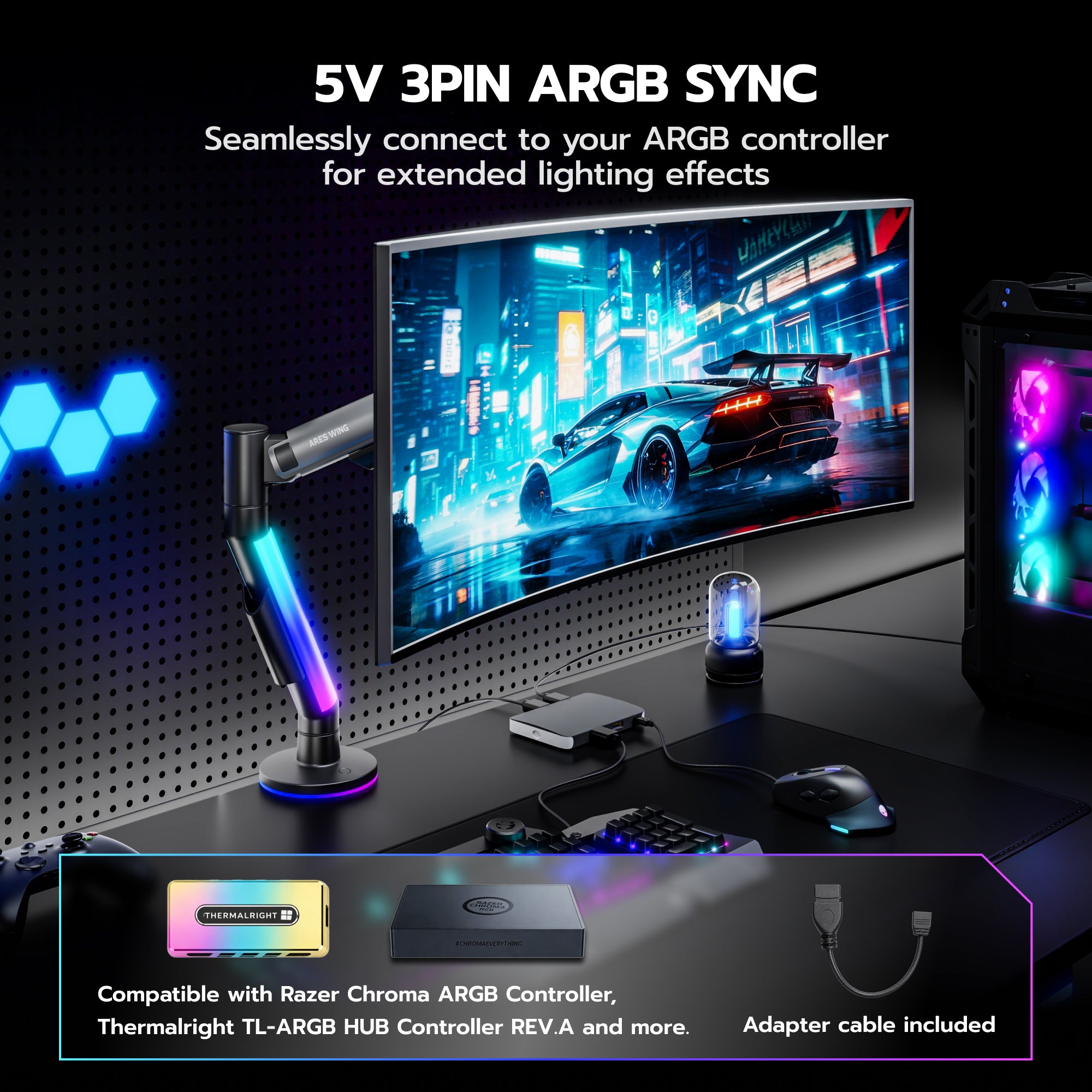 Single Monitor Arm Desk Mount with RGB, Grey ARES WING