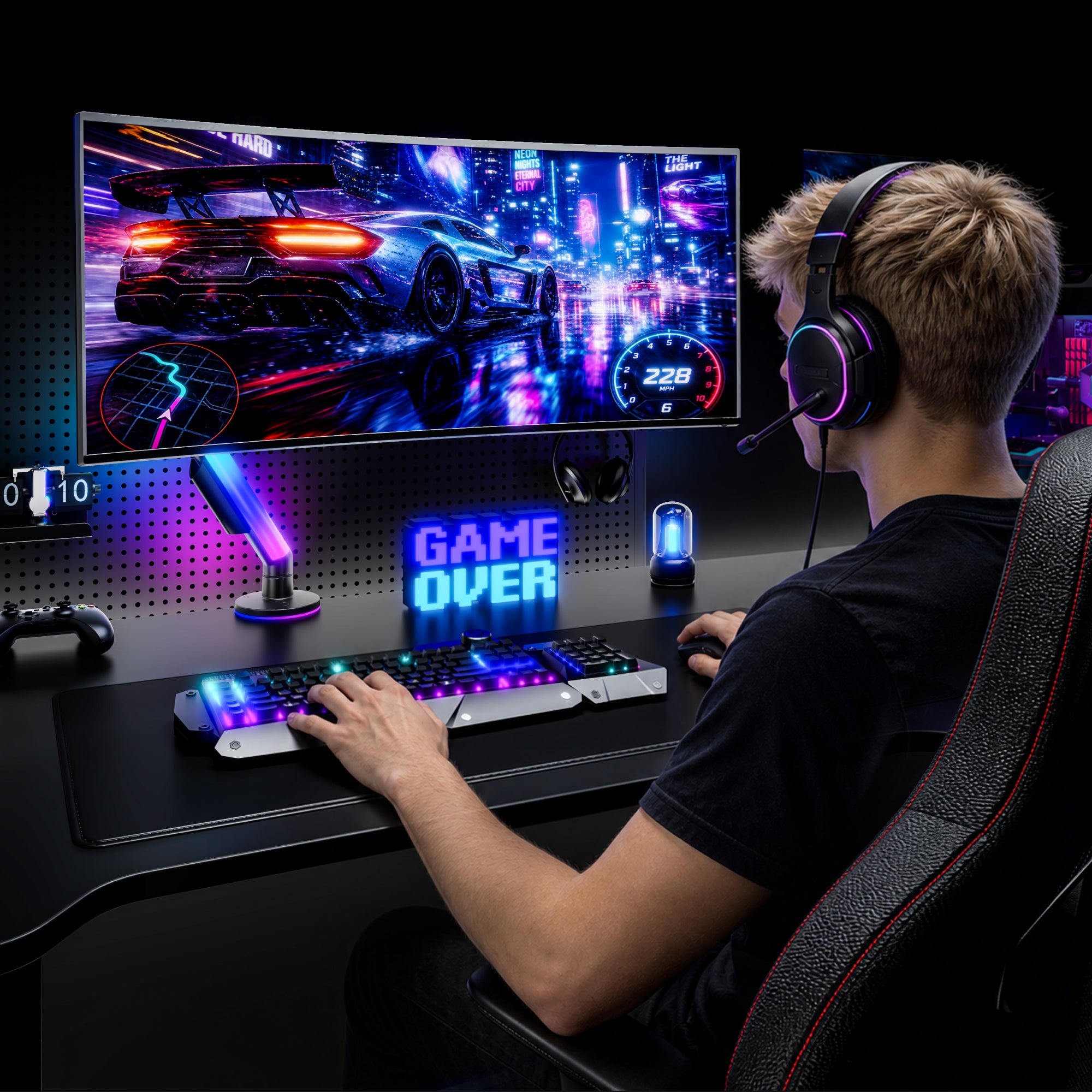 Single Monitor Arm Desk Mount with RGB, Grey ARES WING