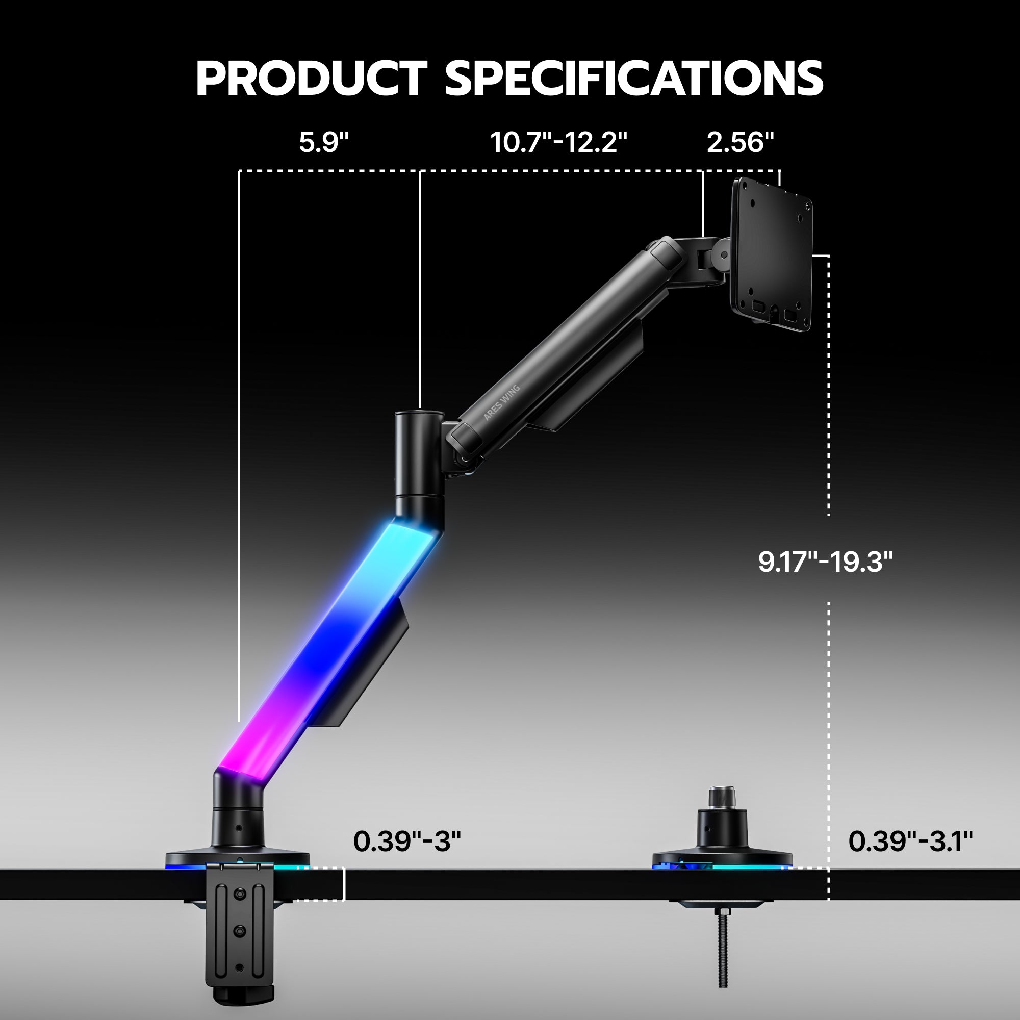 Single Monitor Arm Desk Mount with RGB, Black ARES WING