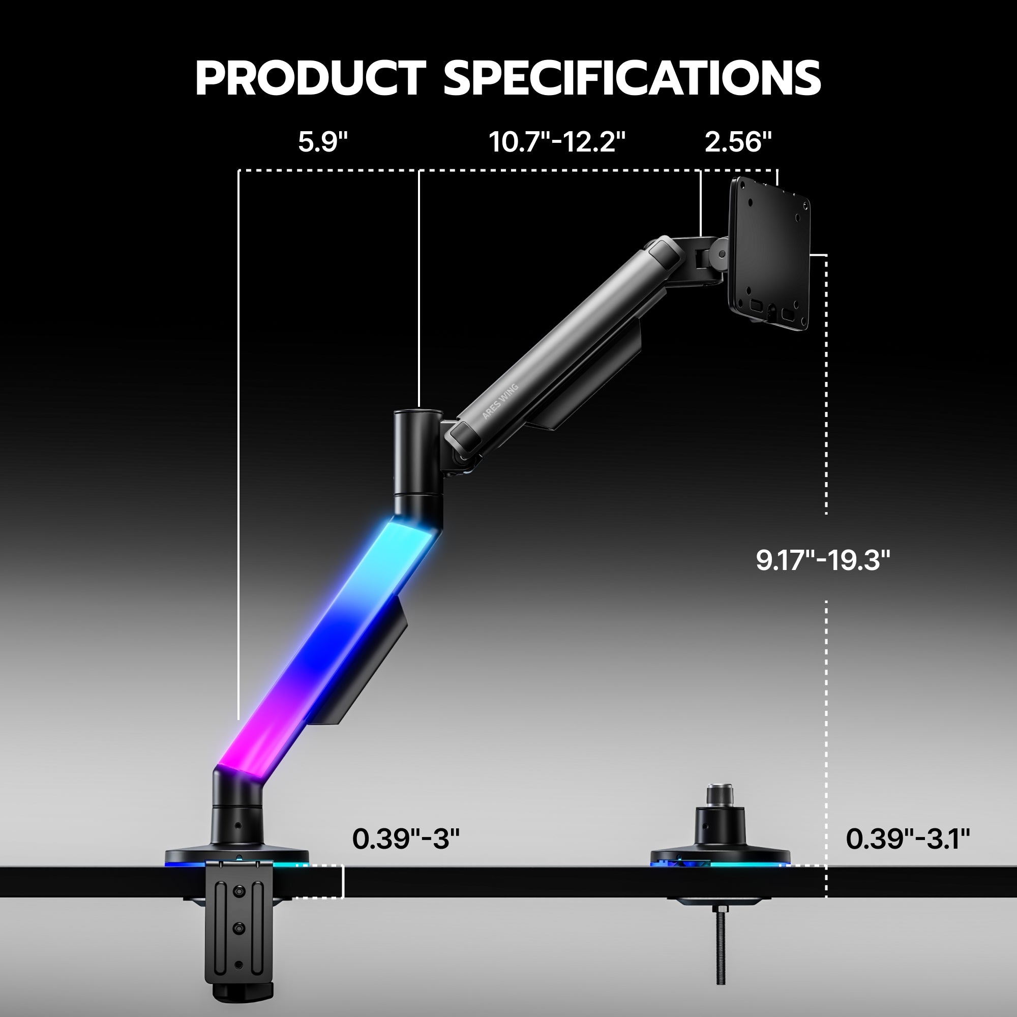 Single Monitor Arm Desk Mount with RGB, Grey ARES WING