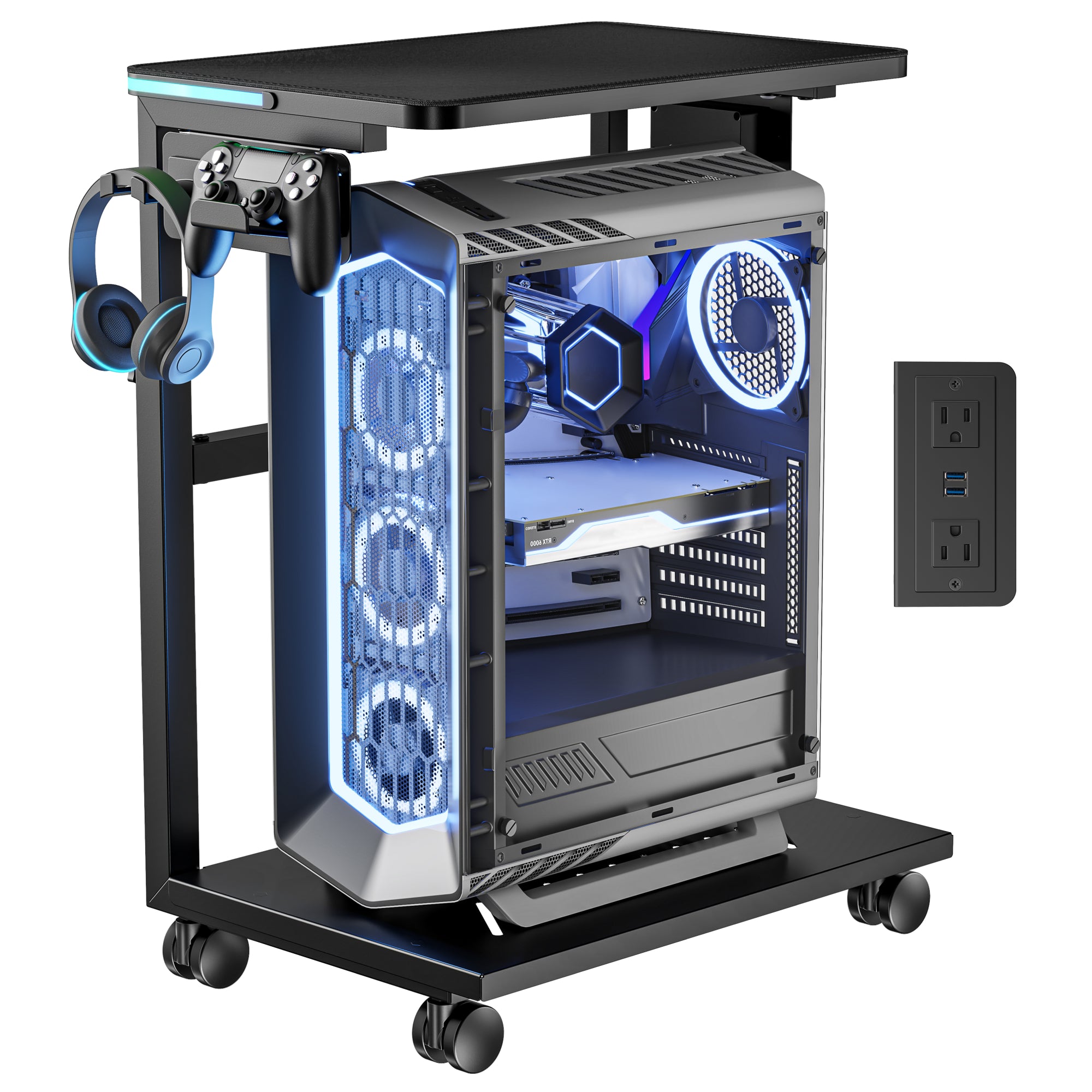 Height Adjustable Computer Tower Stand with RGB Light & USB Charging Port ARES WING