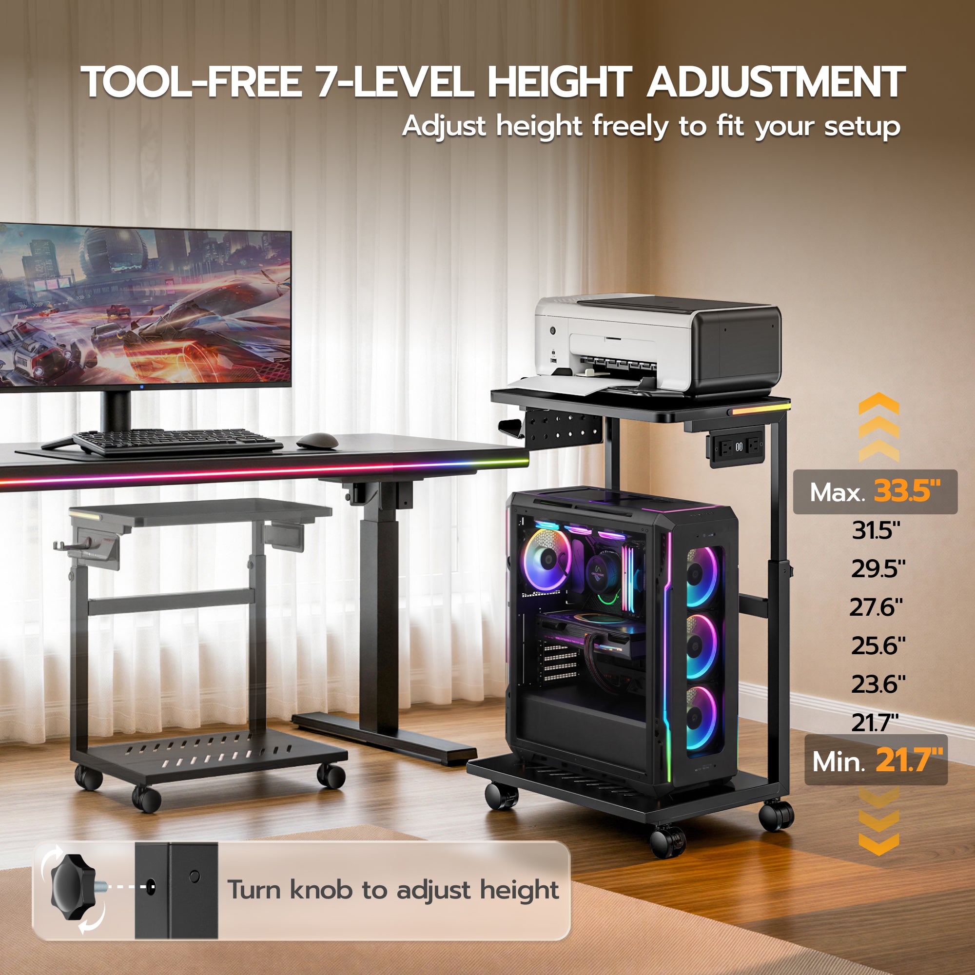 Height Adjustable Computer Tower Stand with RGB Light & USB Charging Port ARES WING