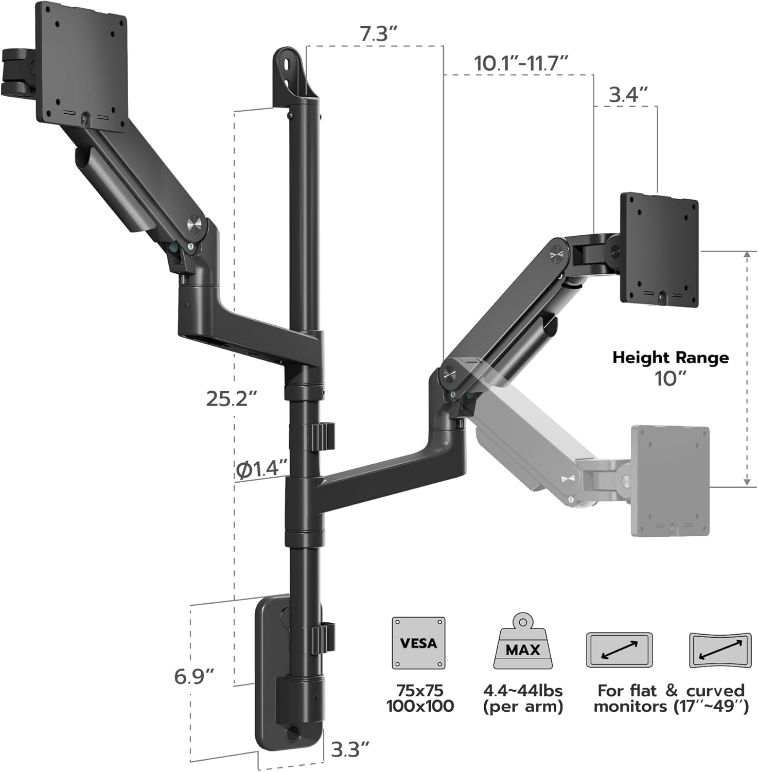 ARES WING Dual Monitor Wall Mount for 17-49 Inch Ultrawide Screens, Heavy Duty Wall Mount Monitor Arm Holds 44 lbs Each, Fully Adjustable Gas Spring Monitor Arm, 75x75/100x100 VESA Mount, Black