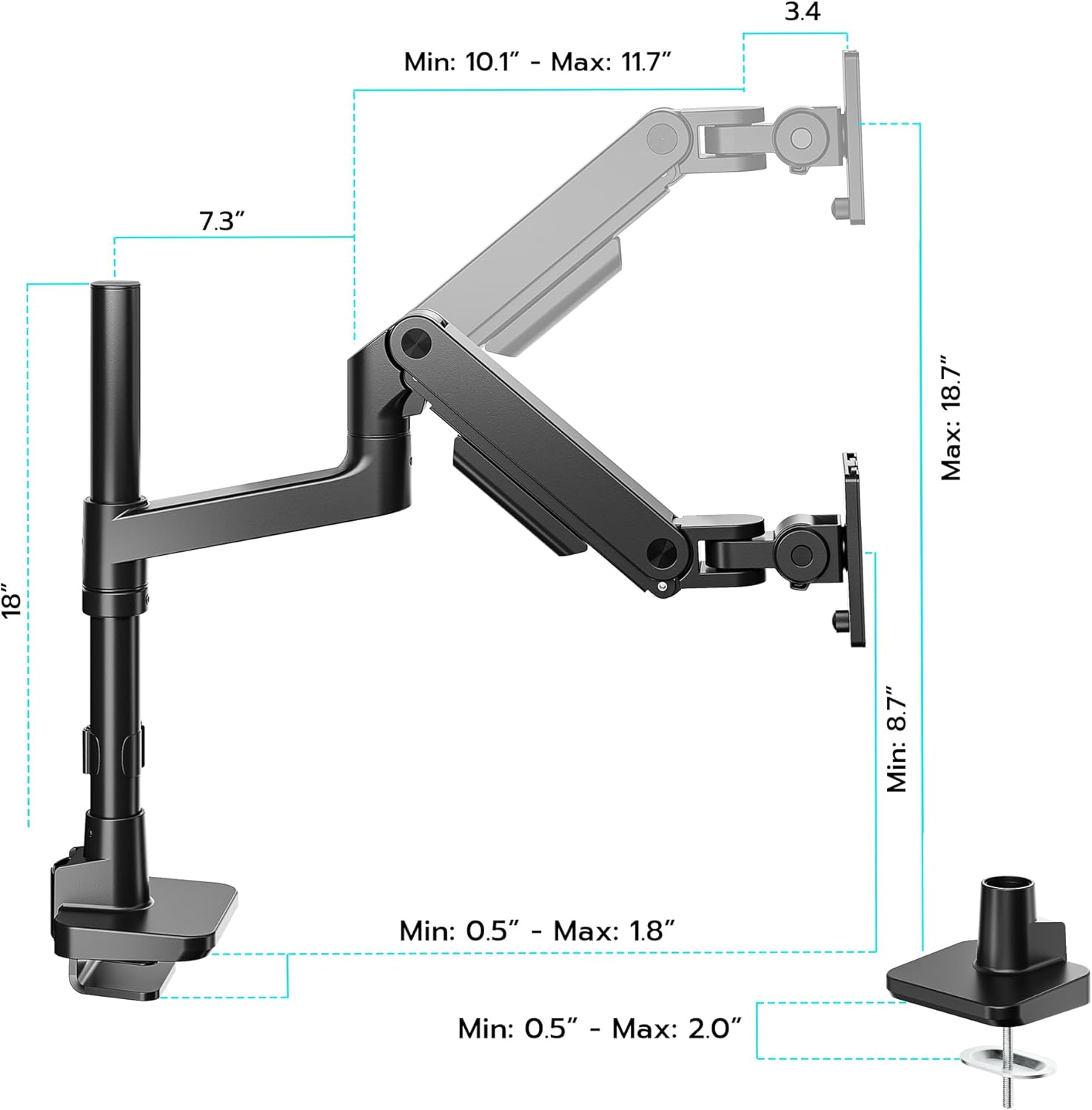 ARES WING Heavy-Duty Monitor Mount for 17-49 inches Ultrawide Curved Flat Monitors, Holds 44lbs, with 18" Extended Column for Desk, Adjustable Gas Spring, Black