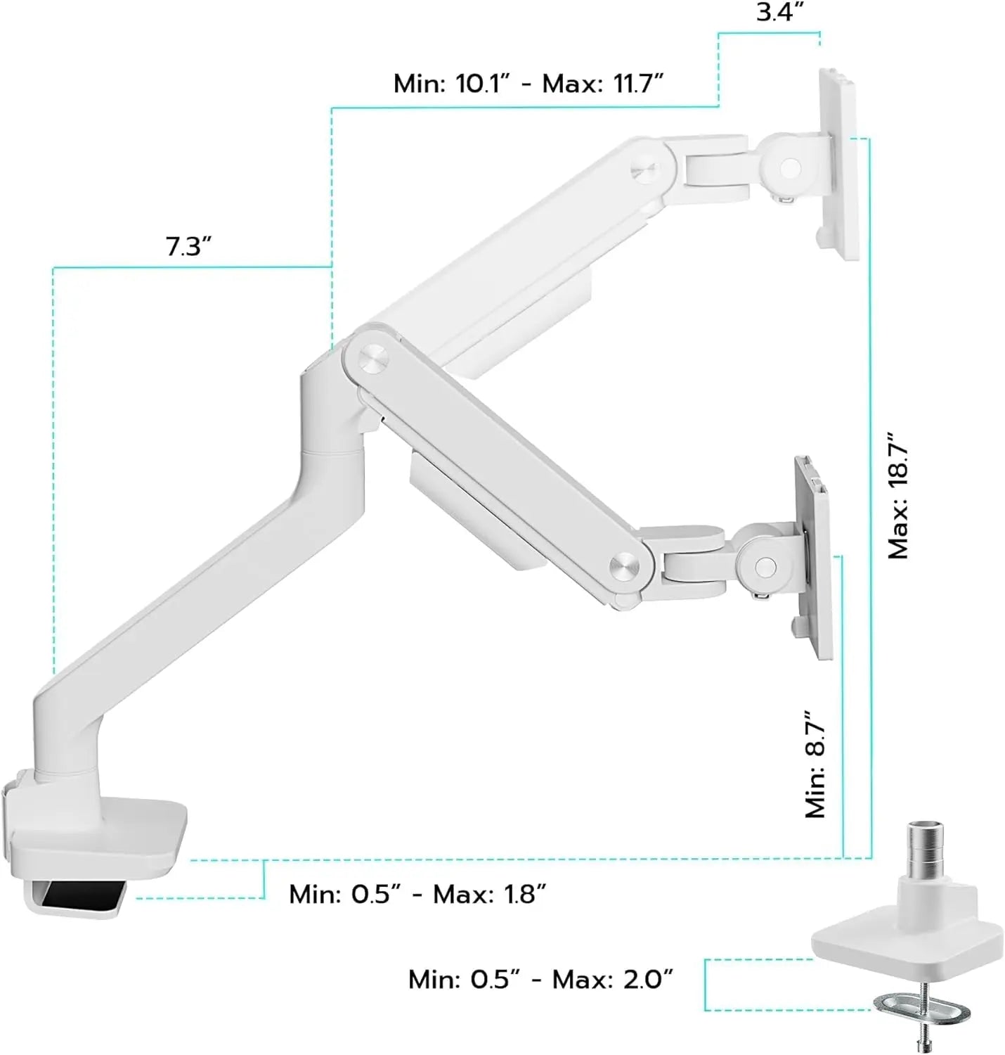 ARES WING Ultrawide Monitor Arm White for 17 to 49 Inch Heavy Duty Curved Screen, Holds 44 Lbs, Adjustable Gas Spring Monitor Arm Desk Mount with C Clamp, Grommet Base, 75/100 Vesa Mount