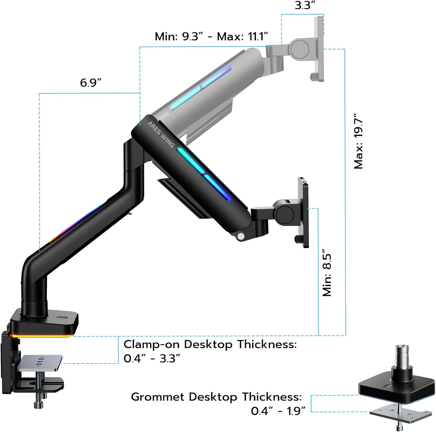 Ultrawide Monitor arm for 17-49'' Heavy Duty Screen up to 44lbs, Gas Spring Single Monitor Arm with RGB Light, Adjustable Gaming Computer Monitor Arm for Desk, Black