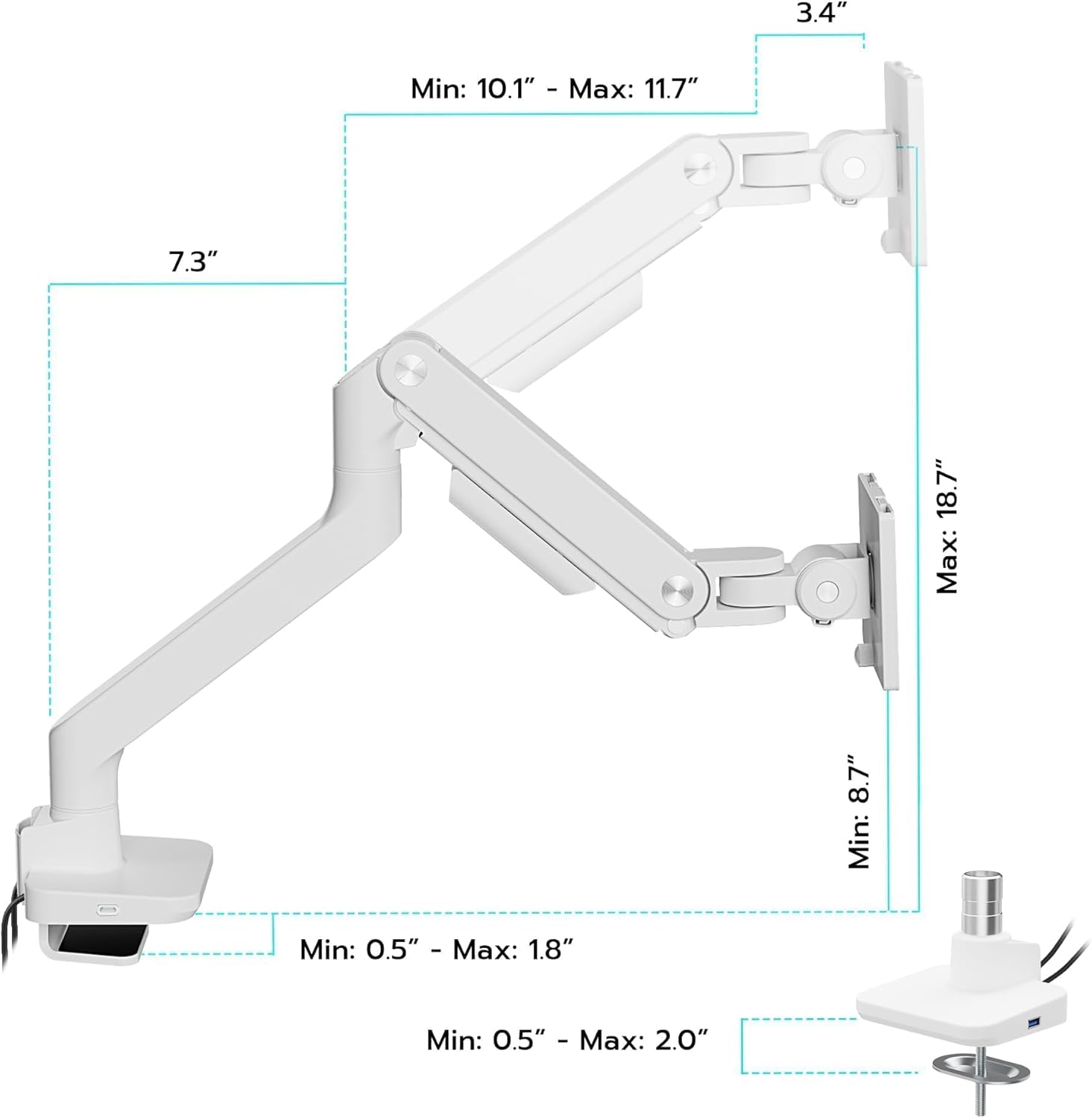 ARES WING Single Ultrawide Monitor Mount with USB A/C, Heavy Duty Monitor Arm for 17 to 49 inch Screen, Holds 44 lbs, Adjustable Gas Spring Arm Desk Mount with Clamp and Grommet Base, White