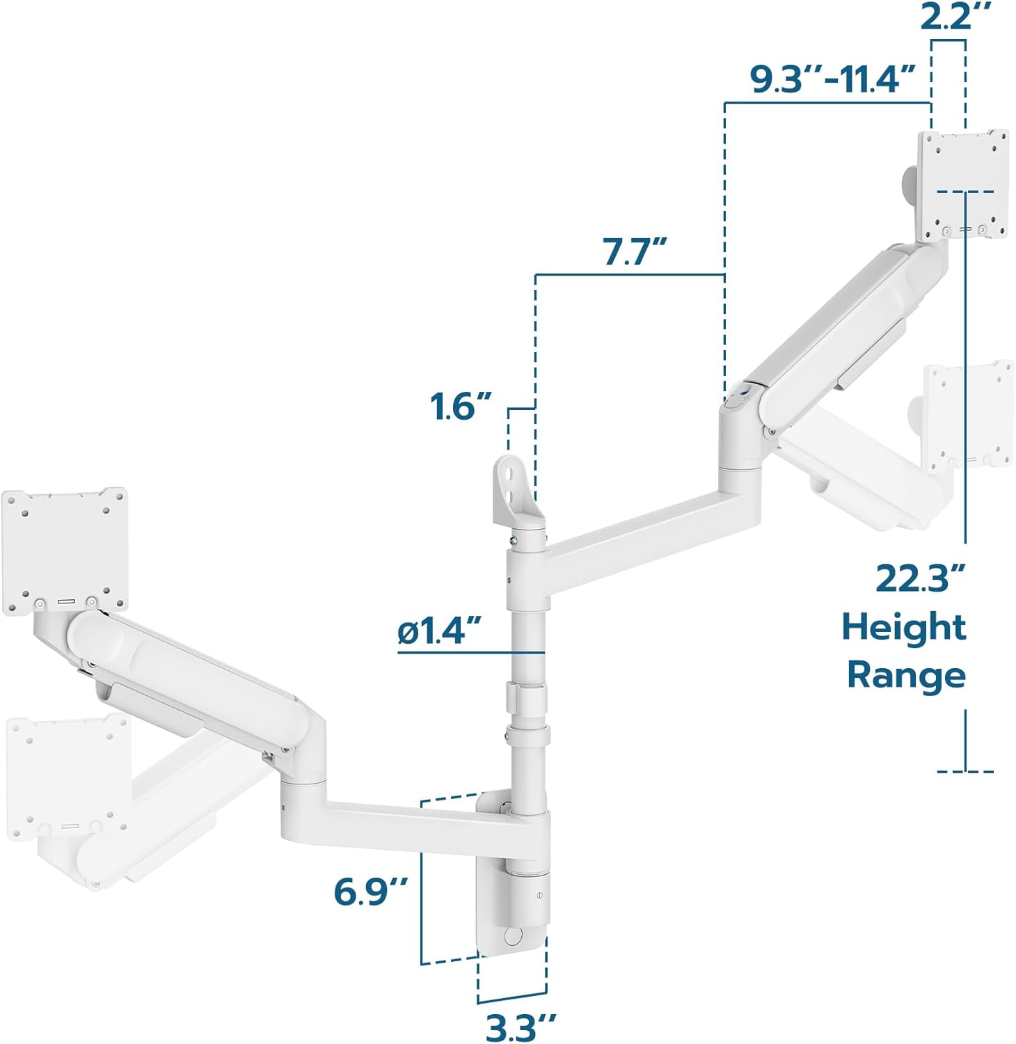 ARES WING Dual Monitor Wall Mount for 24-57 Inch Ultrawide Screens, Premium Heavy Duty Monitor Arm Holds 60 lbs, Full Motion Gas Spring, Bearing Head for Easy Adjustment, 75/100 VESA Mount, White