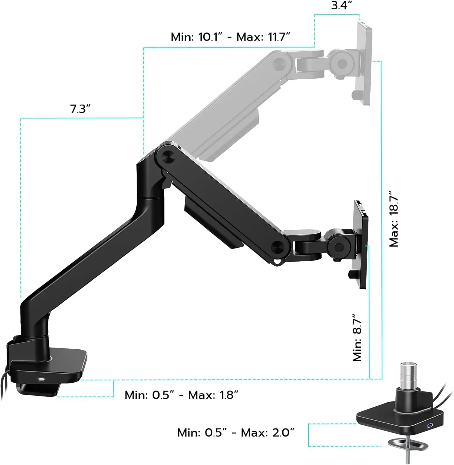 ARES WING Ultrawide Monitor Arm with USB A/C, for 17 to 49 inch Heavy Duty Screen, Holds 44 lbs, Adjustable Gas Spring Arm Desk Mount with Clamp and Grommet Base, Black