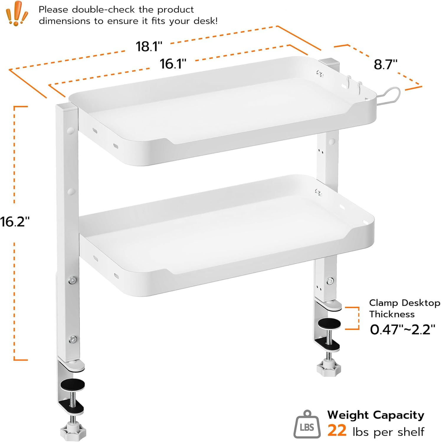 ARES WING 2-Tier Clamp On Desk Shelf, 16 inch Adjustable Above or Under Desk Storage Shelves Holds 44 lbs, Heavy Duty Desktop Organizer with Headphone Holder for Working and Gaming Accessories, White