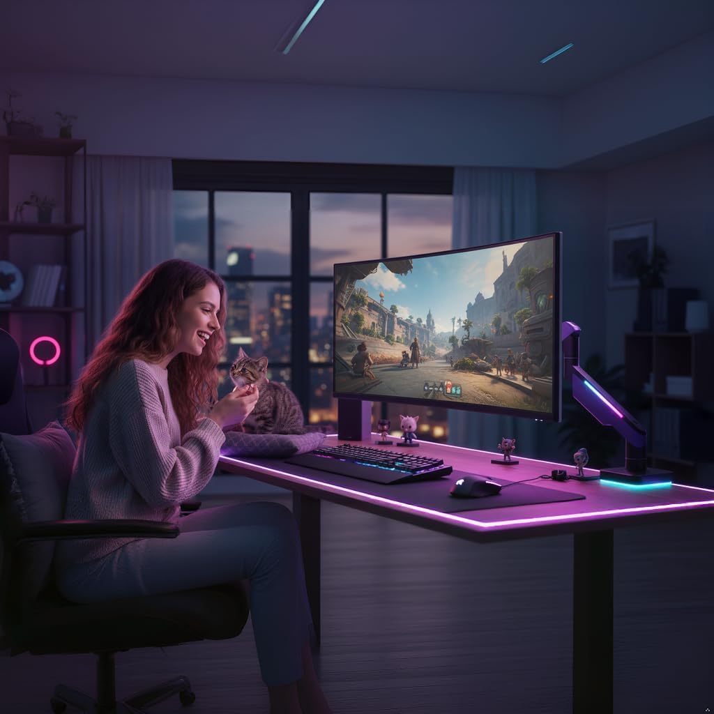 Ares Wing RGB Heavy Duty Monitor Arm for 17 to 49 Inch, up to 44 lbs, Ultrawide Curved Monitor Mount with Gas Spring for Desk, Purple, for Gaming