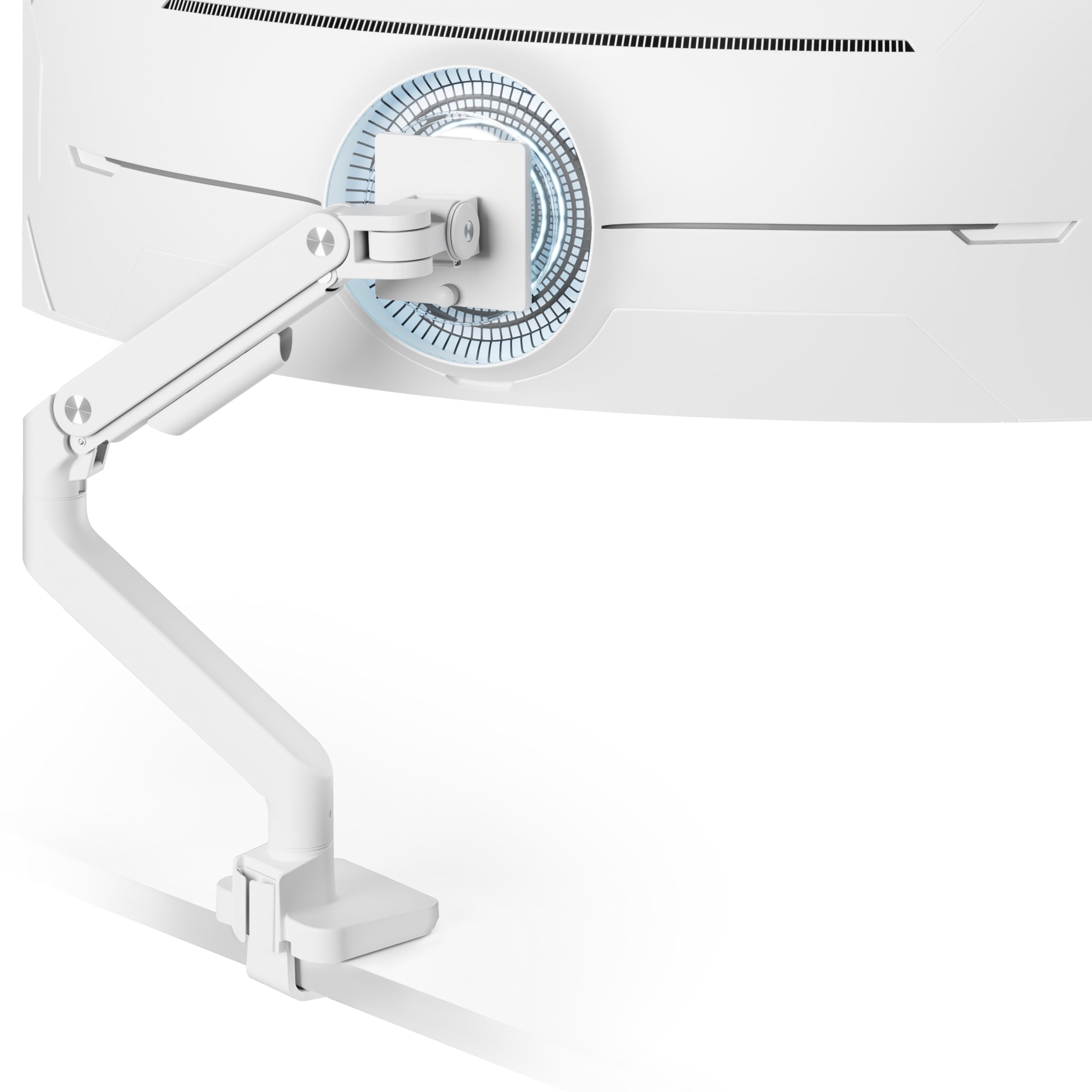 ARES WING Single Ultrawide Monitor Mount with USB A/C, Heavy Duty Monitor Arm for 17 to 49 inch Screen, Holds 44 lbs, Adjustable Gas Spring Arm Desk Mount with Clamp and Grommet Base, White