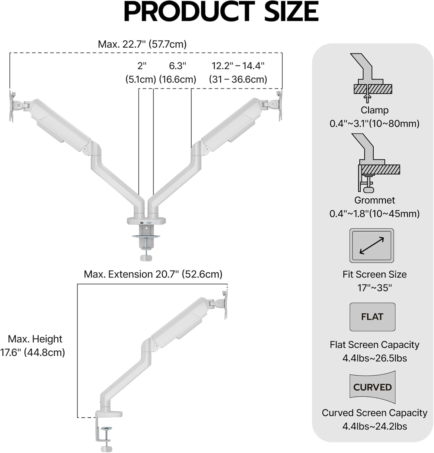ARES WING Dual Monitor Mount, Heavy Duty Monitor Arms for 2 Monitors for 17-35 inch, Fully Adjustable Monitor Desk Stand with USB A/C for Ultrawide Screen, VESA 75x75 or 100x100mm, White