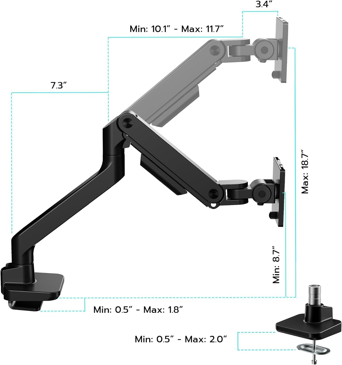 ARES WING Ultrawide Monitor Arm for 17 to 49 Inch Heavy Duty Curved Screen, Holds 44 Lbs, Adjustable Gas Spring Monitor Arm Desk Mount with C Clamp, Grommet Base, 75/100 Vesa Mount, Black