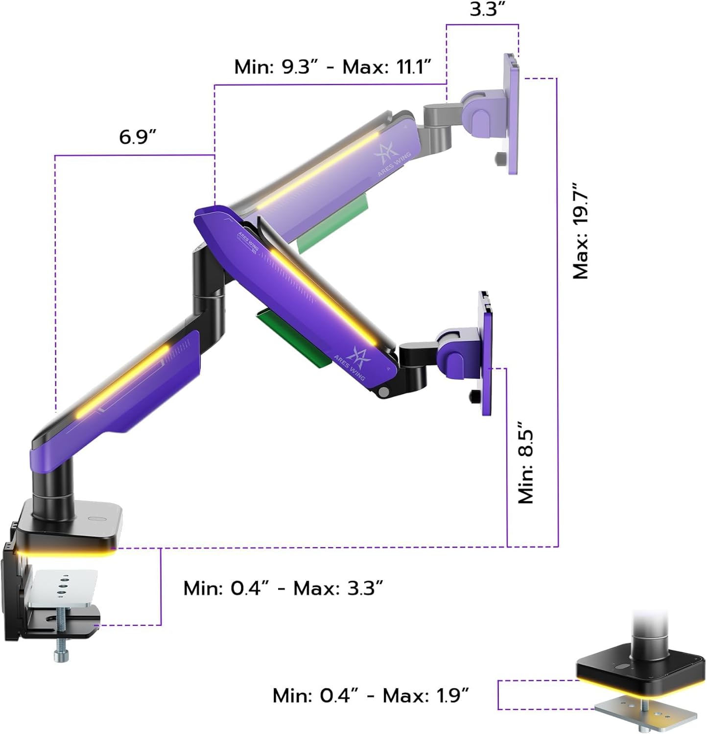 Ares Wing RGB Heavy Duty Monitor Arm for 17 to 49 Inch, up to 44 lbs, Ultrawide Curved Monitor Mount with Gas Spring for Desk, Purple, for Gaming