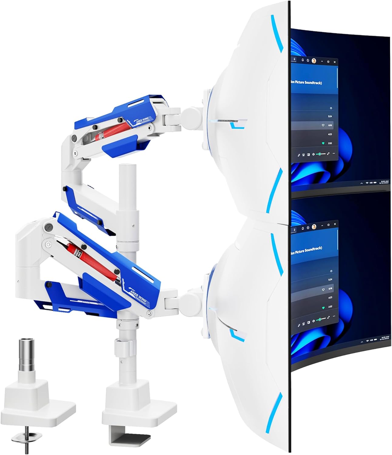 ARES WING Vertical Dual Monitor Mount - 24-57" Aluminum Heavy Duty Monitor Arms for 2 Monitors, Fully Adjustable Gas Spring Stacked Monitor Stand with 75/100/200 Vesa Mount, White