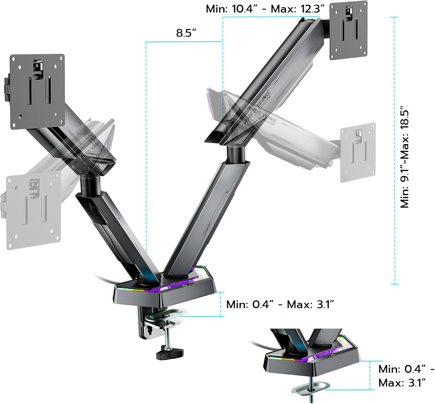ARES WING RGB Dual Monitor Arm for 17-38