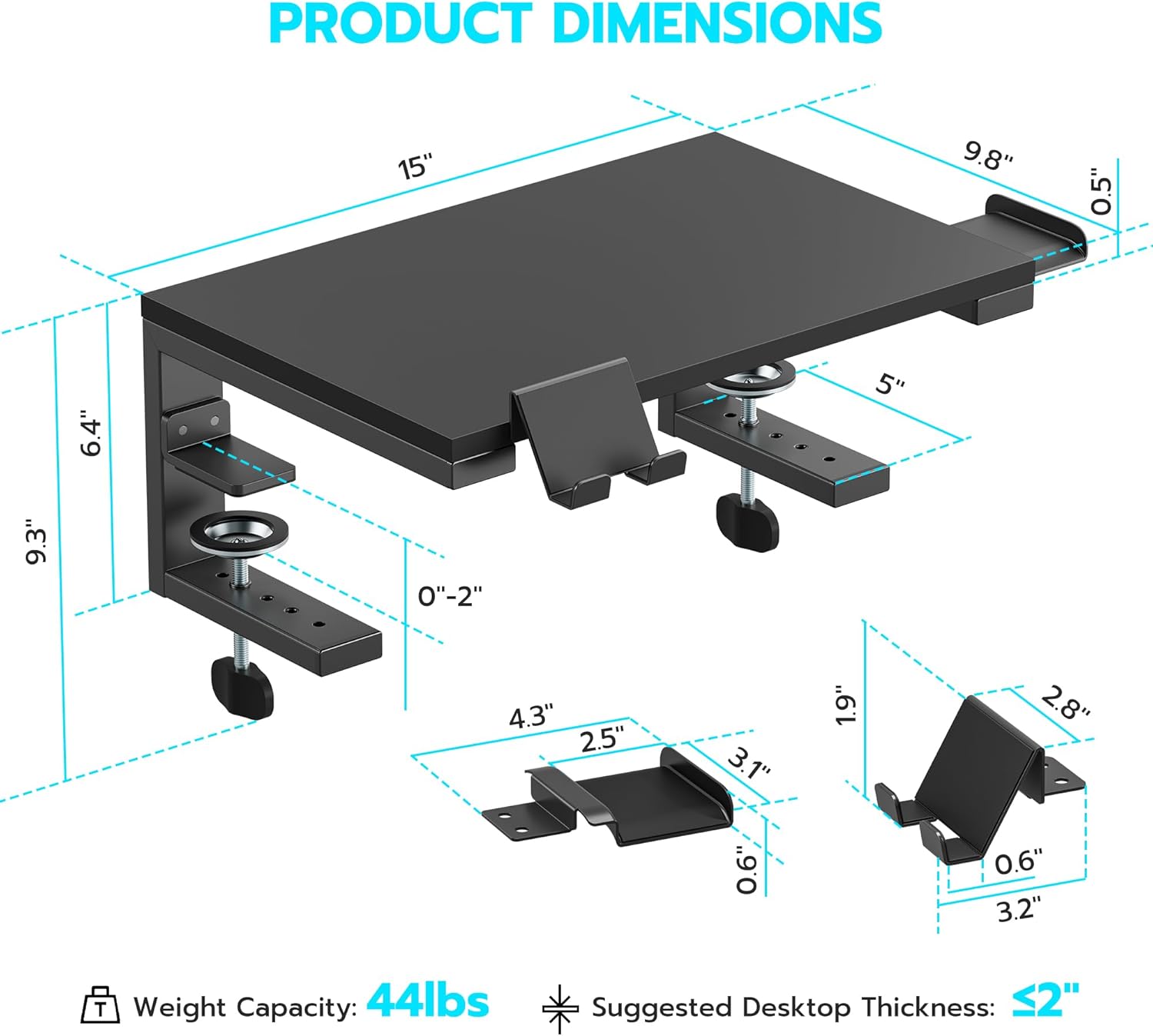 ARES WING Desk Shelf Extender, 15 inches 3 in 1 Clamp on Desk Shelf with Phone & Headset Holders, Heavy Duty Desktop Organizer for Gaming and Office Accessories, Black