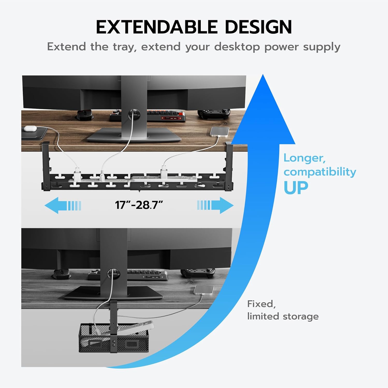 ARES WING 17"-28.7" Extendable Under Desk Cable Management Tray with Cable Slots, Clamp On Cord Organizer Holds Up to 11 lbs, Black Metal Under Desk Storage for Office and Gaming Accessories