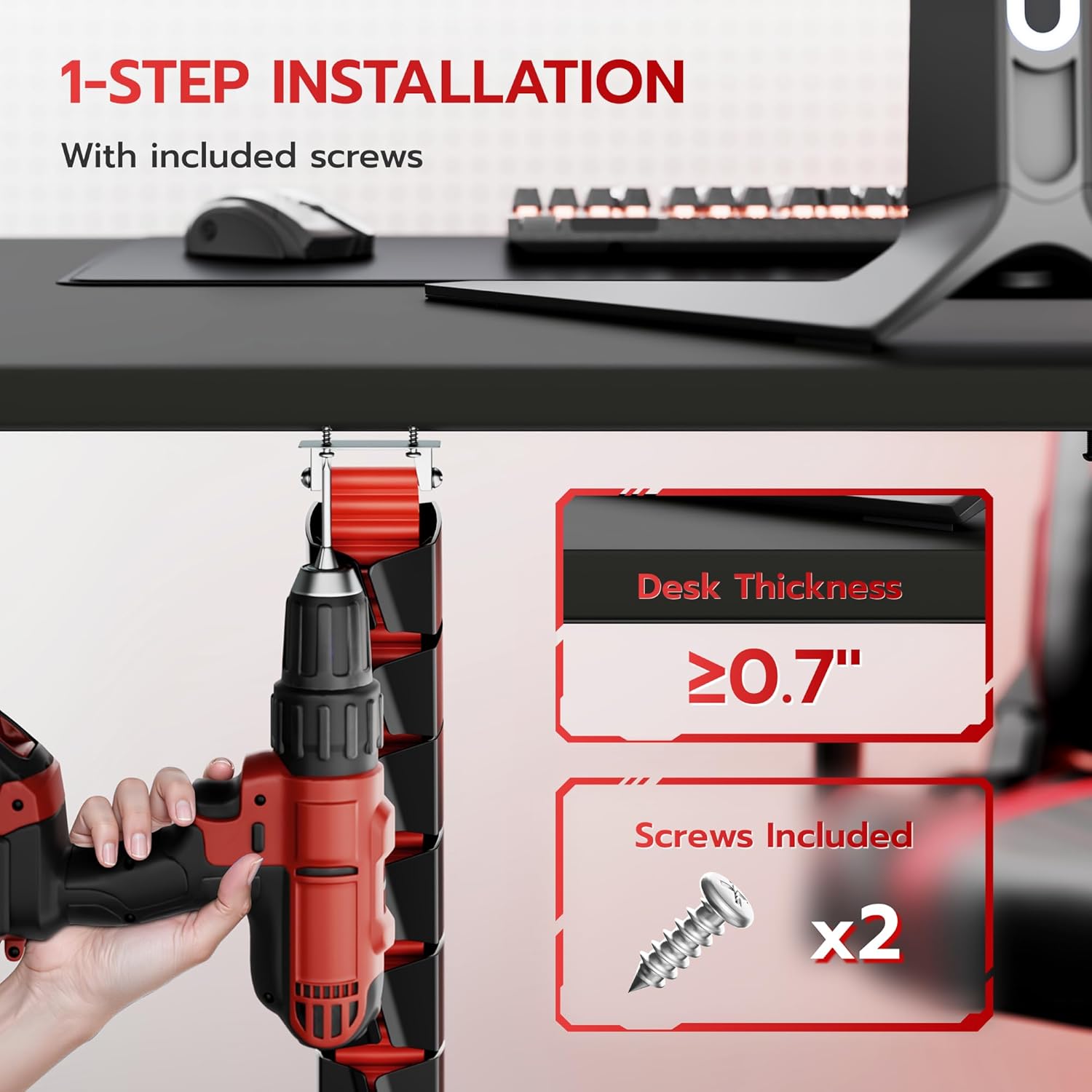 ARES WING Under Desk Cable Management Spine, Screw On Vertebrae Cable Management for Standing Desk, Length Adjustable Cord Organizer with 20 Modular Vertebrae for Office and Gaming Desks, Red