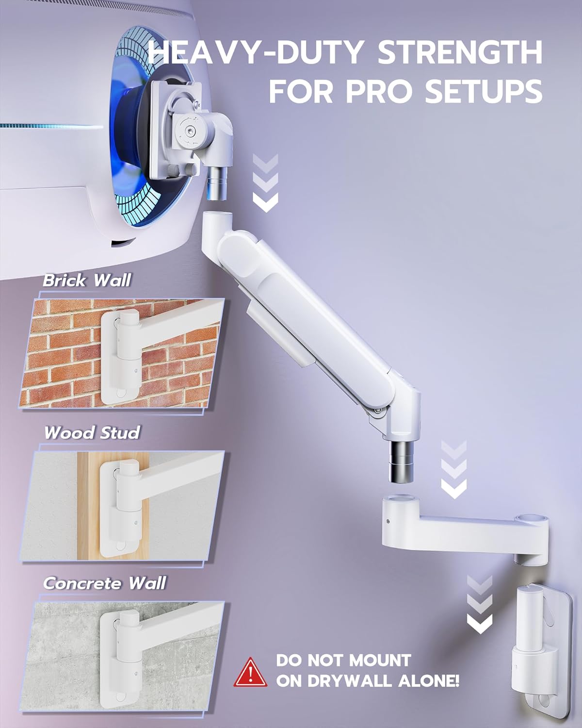 ARES WING Monitor Wall Mount for 24-57 Inch Ultrawide Gaming Screens, Premium Heavy Duty Monitor Arm Holds 60 lbs, Full Motion Gas Spring, Bearing Head for Easy Adjustment, 75/100 VESA Mount, White