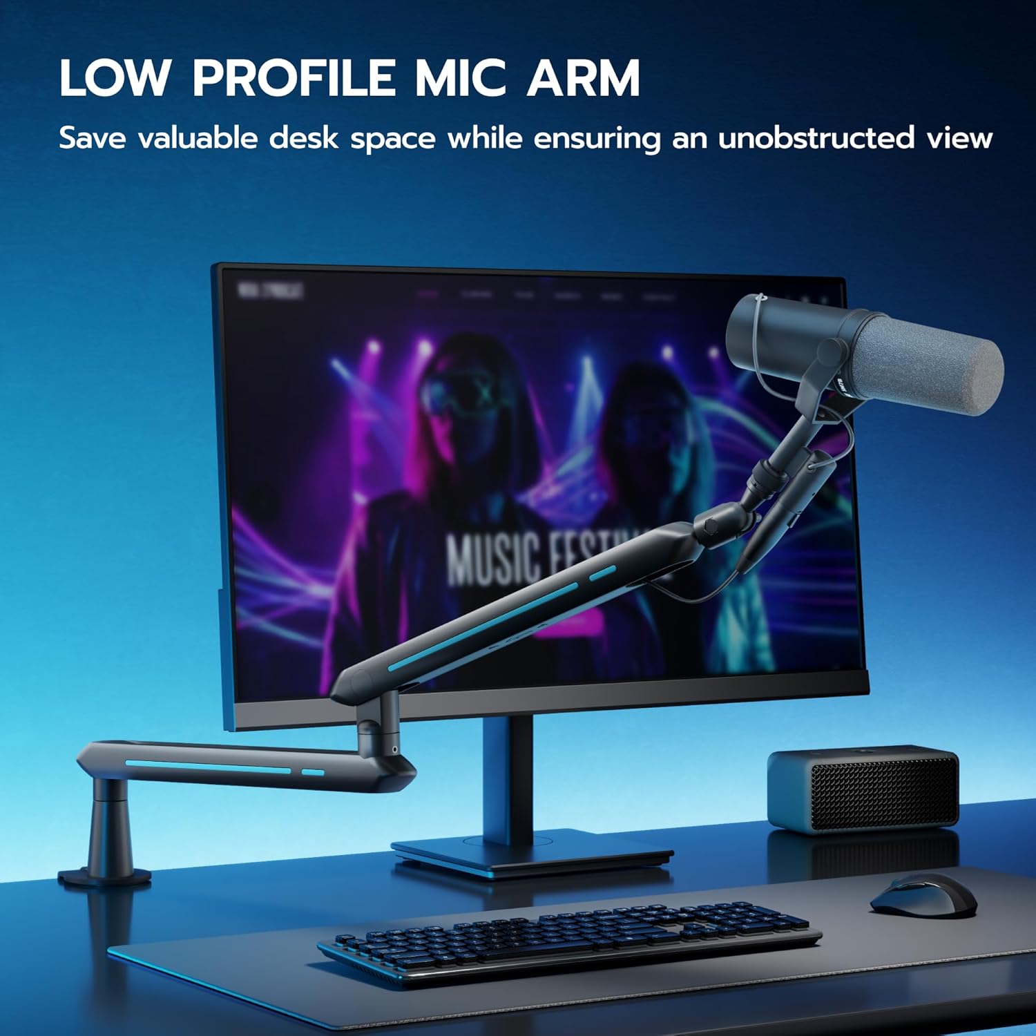 ARES WING Aluminum Low Profile Mic Arm with 4.4 lbs Load Capacity, Adjustable Microphone Boom Arm with 3/8” to 5/8” Screw Adapter, Desk Mount Mic Stand for Gaming Streaming Podcasting, Black