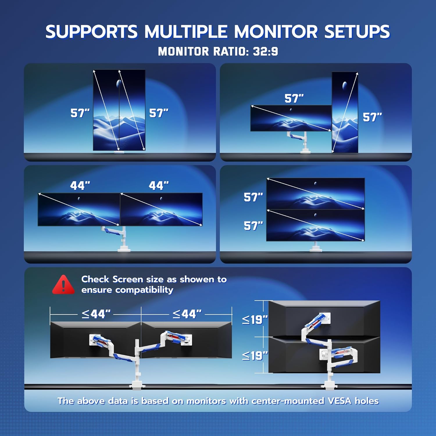 ARES WING Vertical Dual Monitor Mount - 24-57" Aluminum Heavy Duty Monitor Arms for 2 Monitors, Fully Adjustable Gas Spring Stacked Monitor Stand with 75/100/200 Vesa Mount, White
