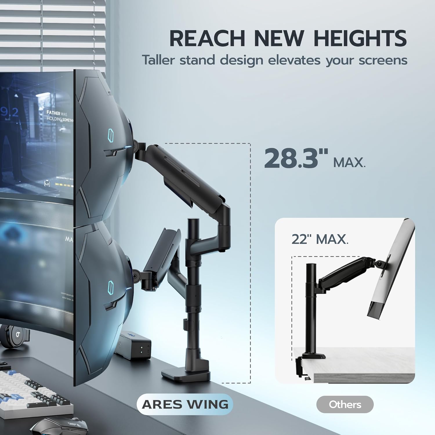 ARES WING Dual Monitor Mount for 17-49 Inch Ultrawide Heavy Duty Curved Screen, Computer Monitor Arm Desk Mount, Gas Spring Adjustable Vesa Stand, Black