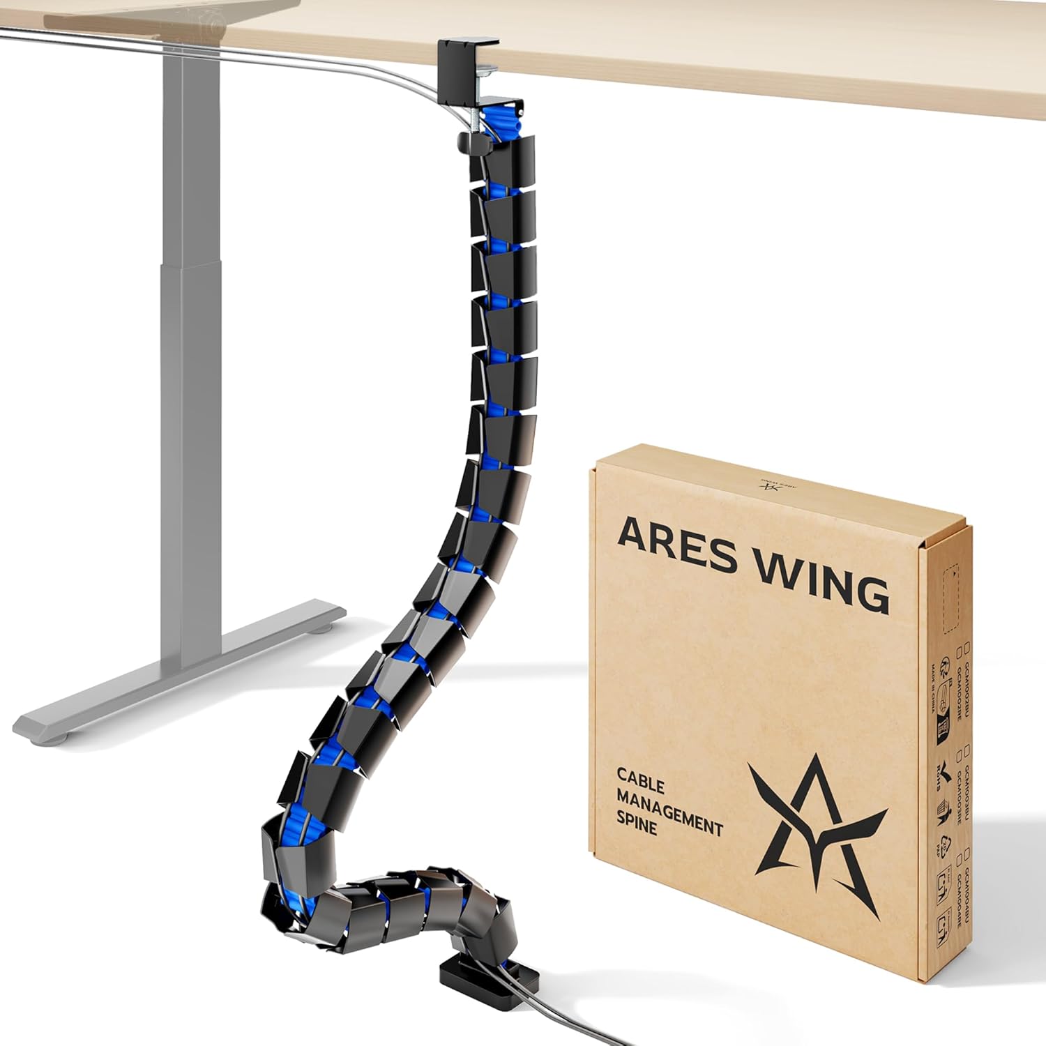 ARES WING Under Desk Cable Management Spine, Clamp On Vertebrae Cable Management for Standing Desk, Length Adjustable Cord Organizer with 20 Modular Vertebrae for Office and Gaming Desks, Blue